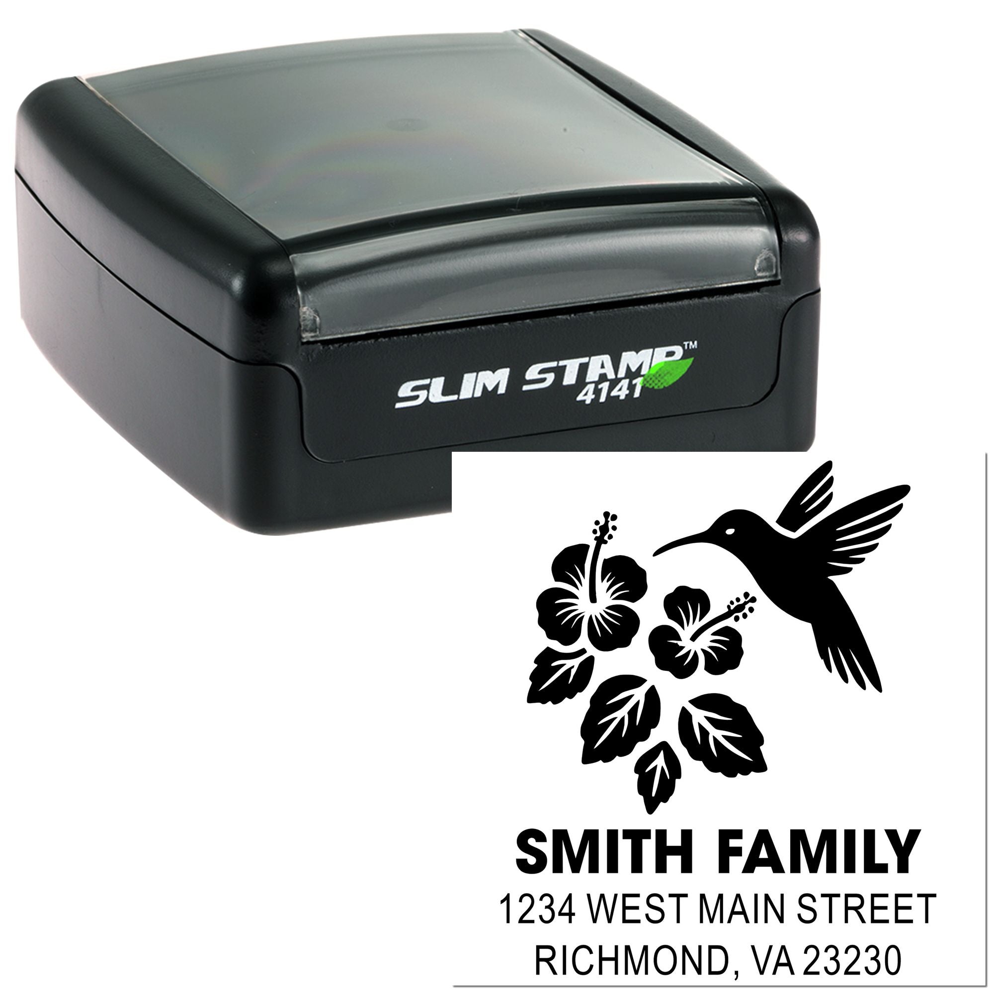 Custom self-inking rubber address stamp with hummingbird and hibiscus design for personalized family mail.