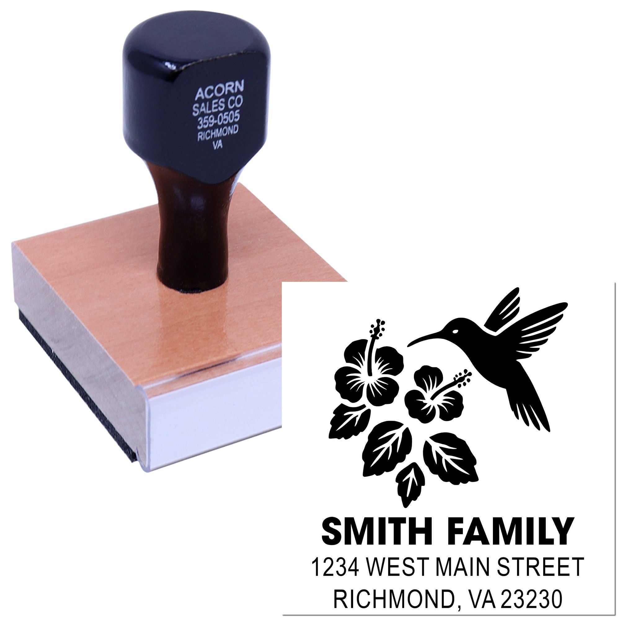 Custom return address rubber stamp with hummingbird floral design, Smith Family, Richmond, VA 23230