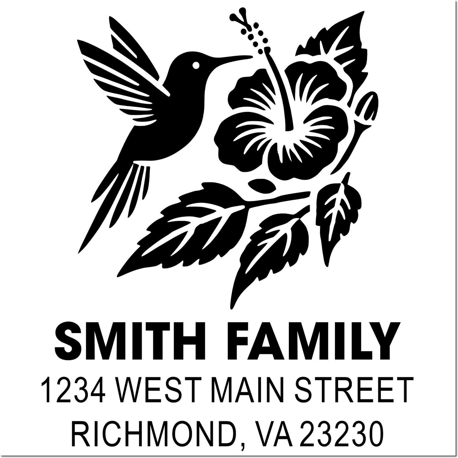 Personalized hummingbird hibiscus return address rubber stamp with family name and Richmond, VA address.