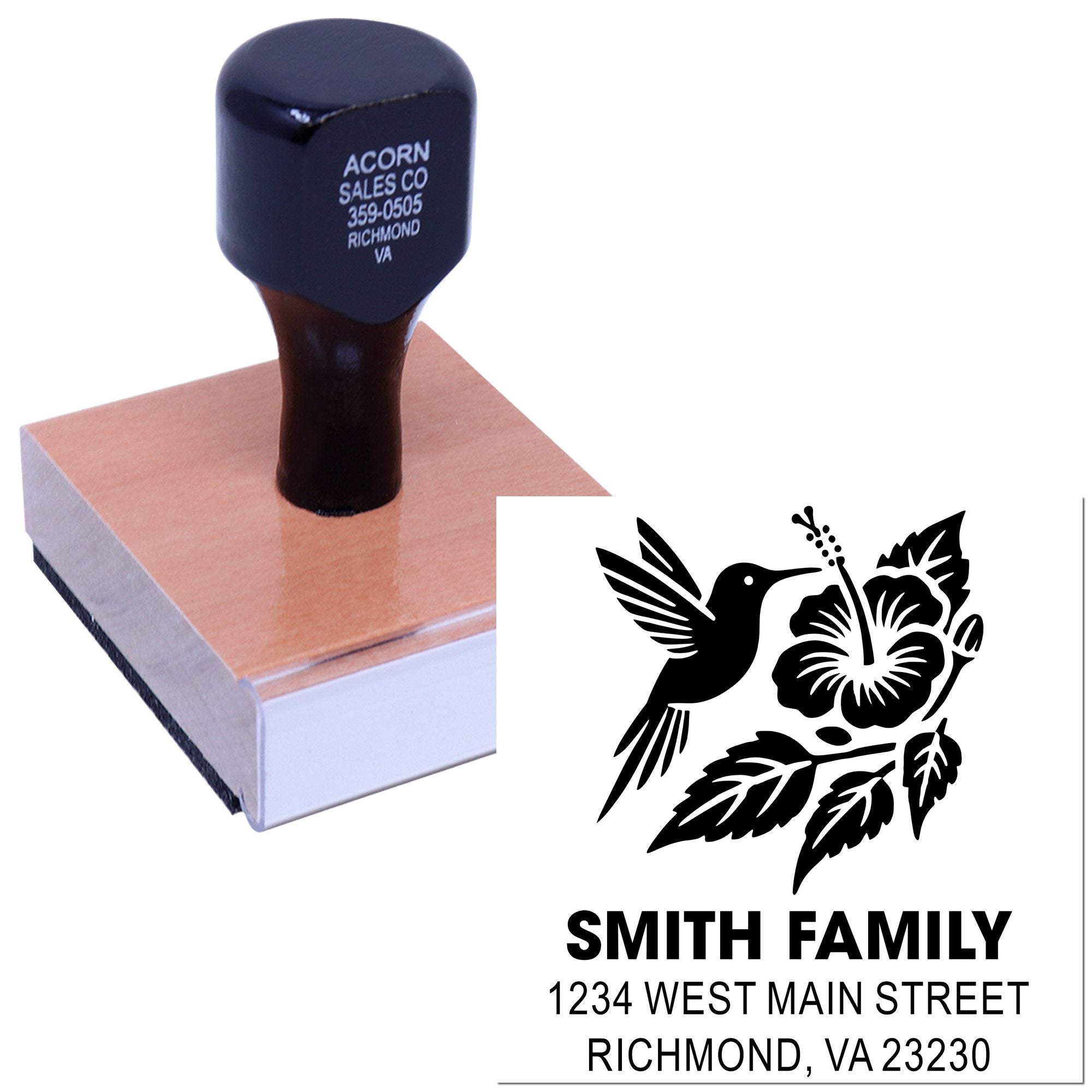 Custom return address rubber stamp with hummingbird floral design for Smith Family mailing and envelopes.