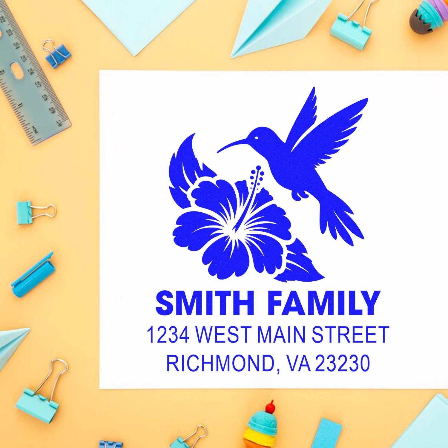 Custom return address rubber stamp with hummingbird and hibiscus design for Smith Family, 1234 West Main Street, Richmond, VA 23230