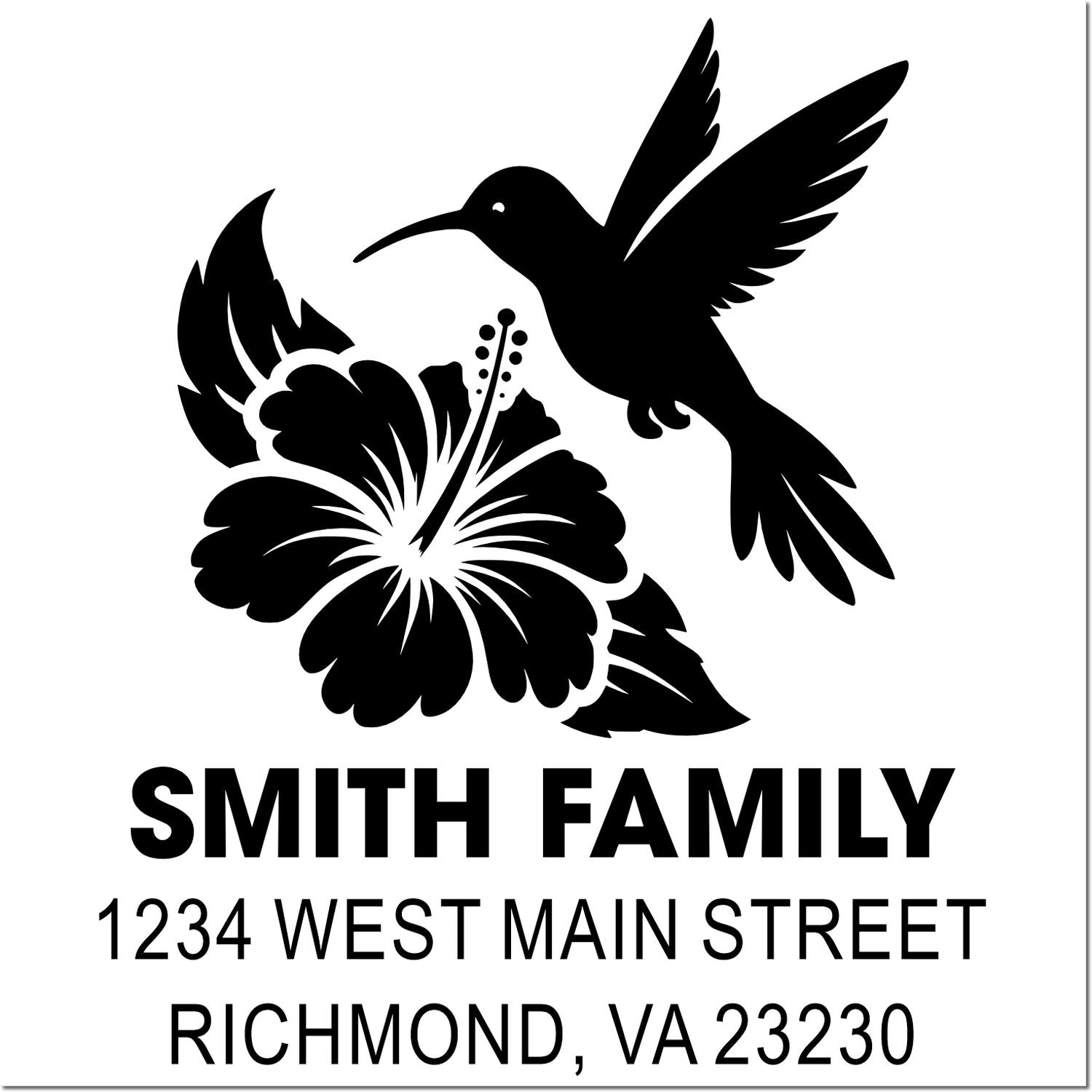 Custom return address rubber stamp with hummingbird and hibiscus for Smith Family, Richmond, VA 23230