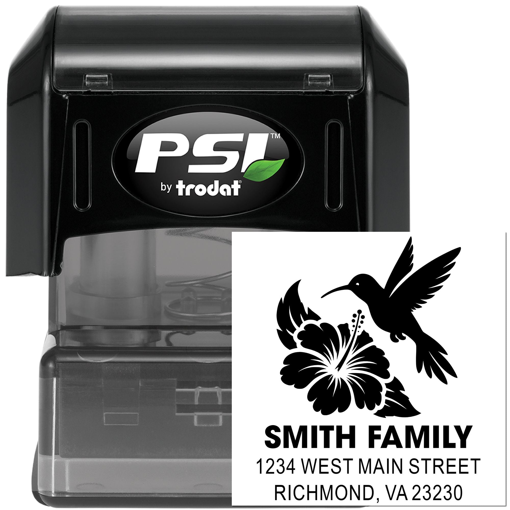 PSI by Trodat self-inking return address rubber stamp with Smith family hummingbird and hibiscus design.