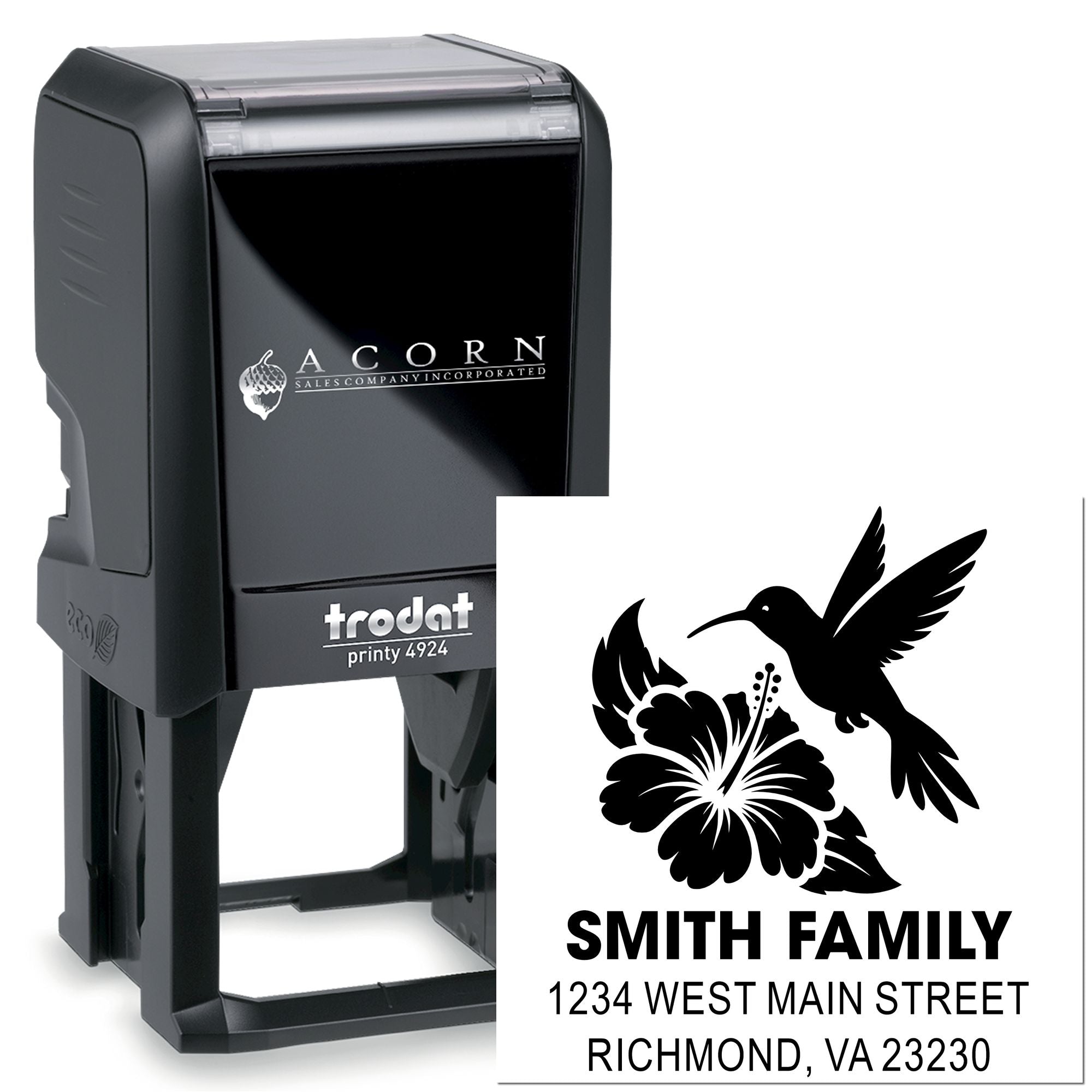 Custom self-inking rubber address stamp with hummingbird floral design, Trodat Printy 4924, for Smith Family return mail.