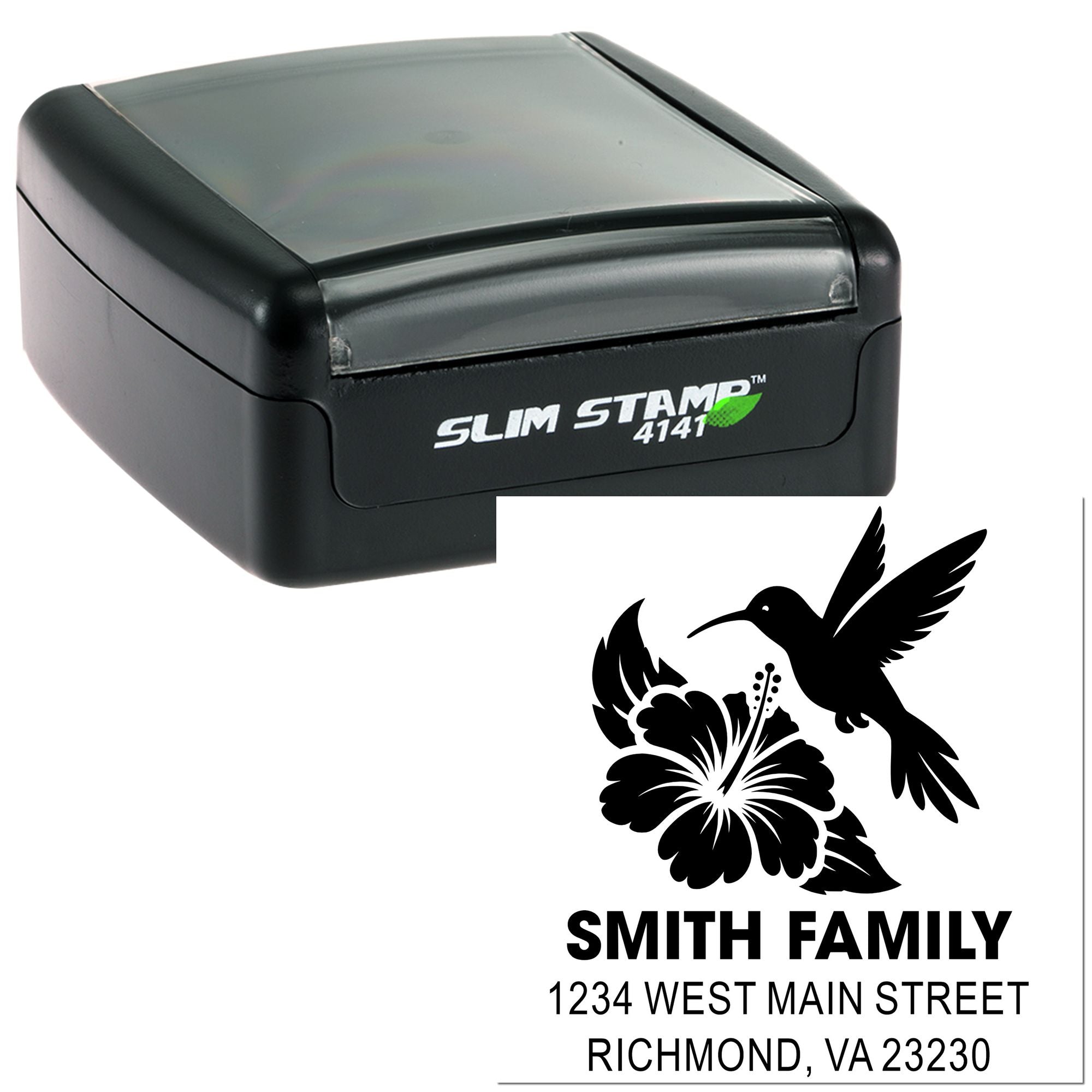 Custom self-inking family address rubber stamp with hummingbird and hibiscus design for Smith Family, Richmond, VA.