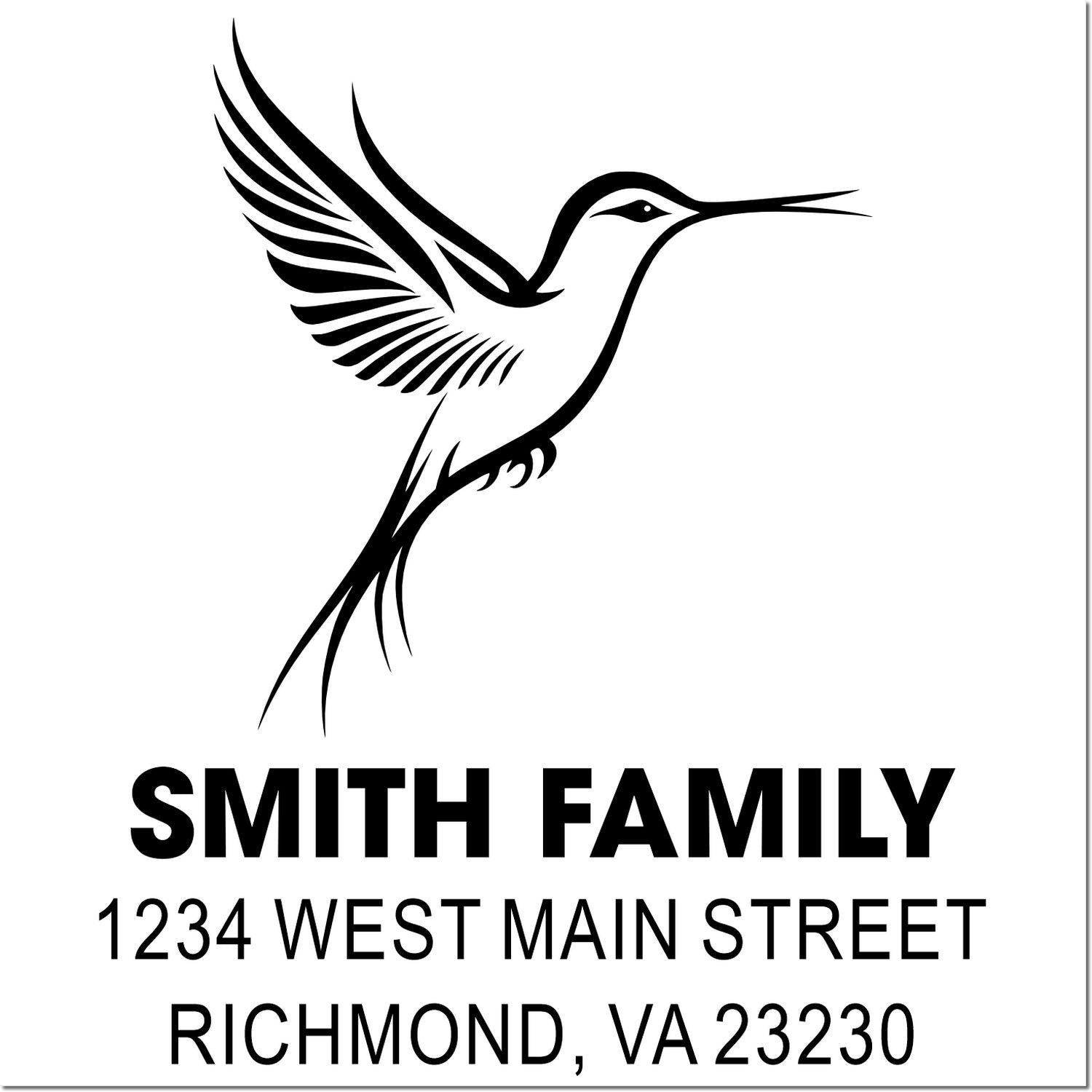 Custom family address rubber stamp with hummingbird logo, Smith Family, 1234 West Main Street, Richmond, VA 23230.