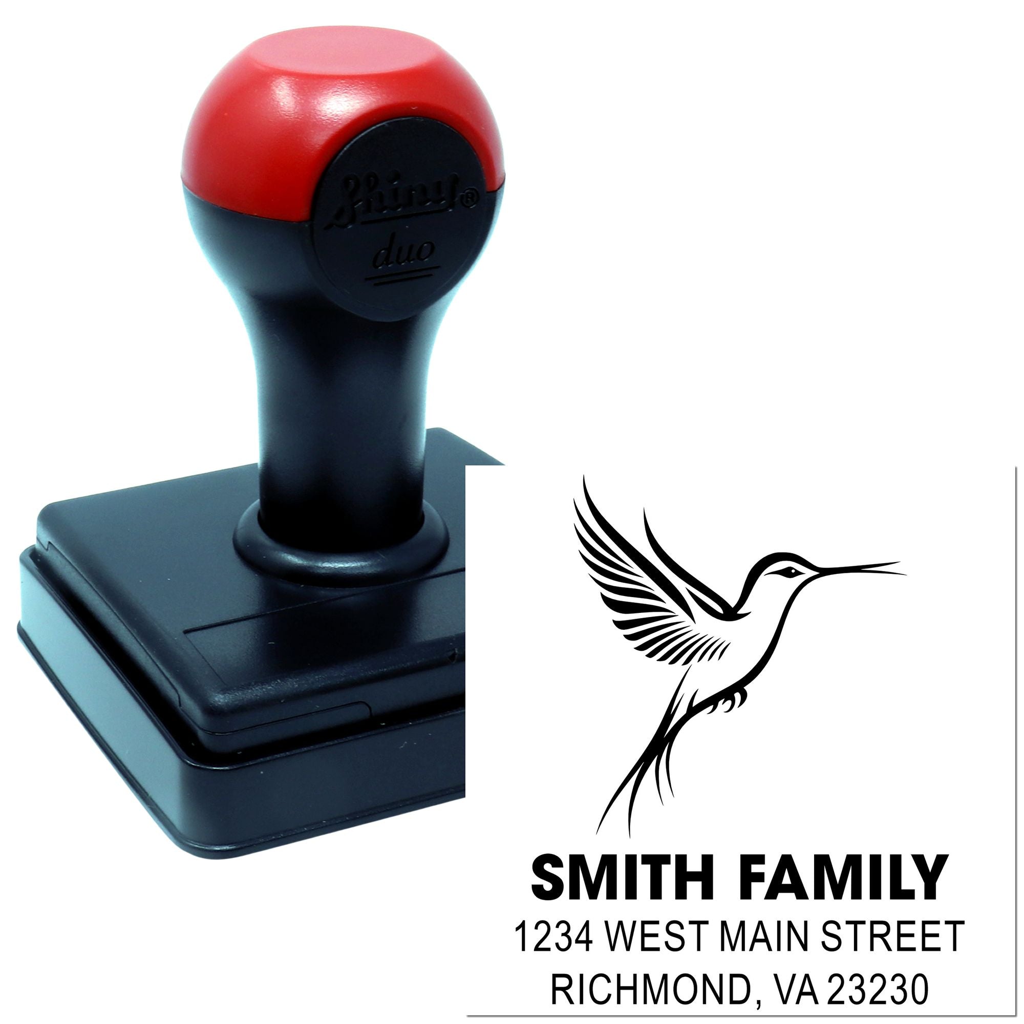 Custom self-inking rubber stamp with hummingbird logo and Smith Family return address for mailing, cards, and packaging.