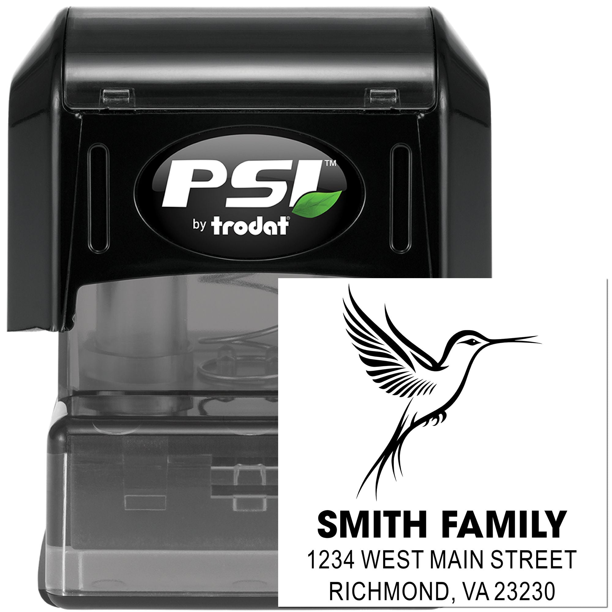 PSI by Trodat self-inking custom return address rubber stamp with hummingbird design for Smith Family