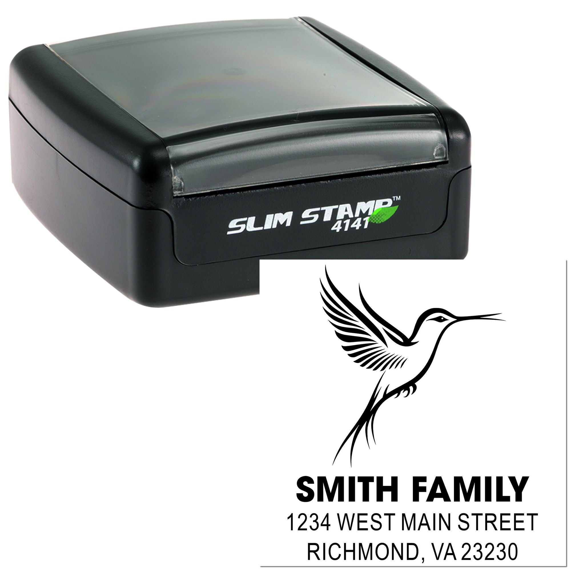 Personalized self-inking rubber stamp with hummingbird return address design for Smith Family envelopes.