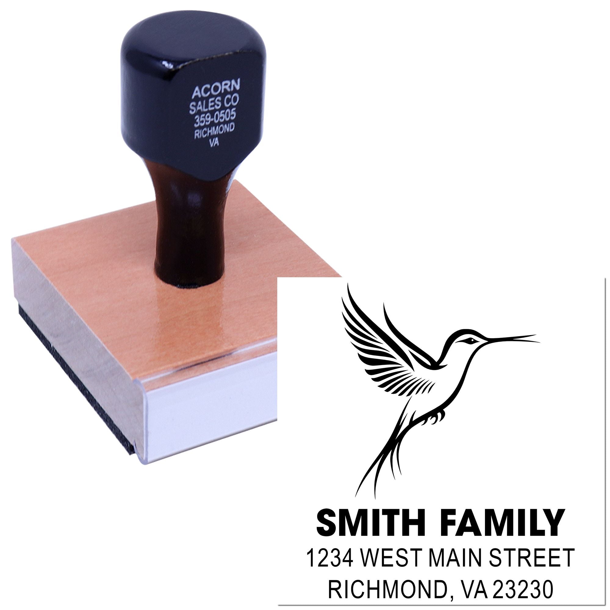 Custom rubber address stamp with hummingbird design, showing personalized Smith Family return address imprint.