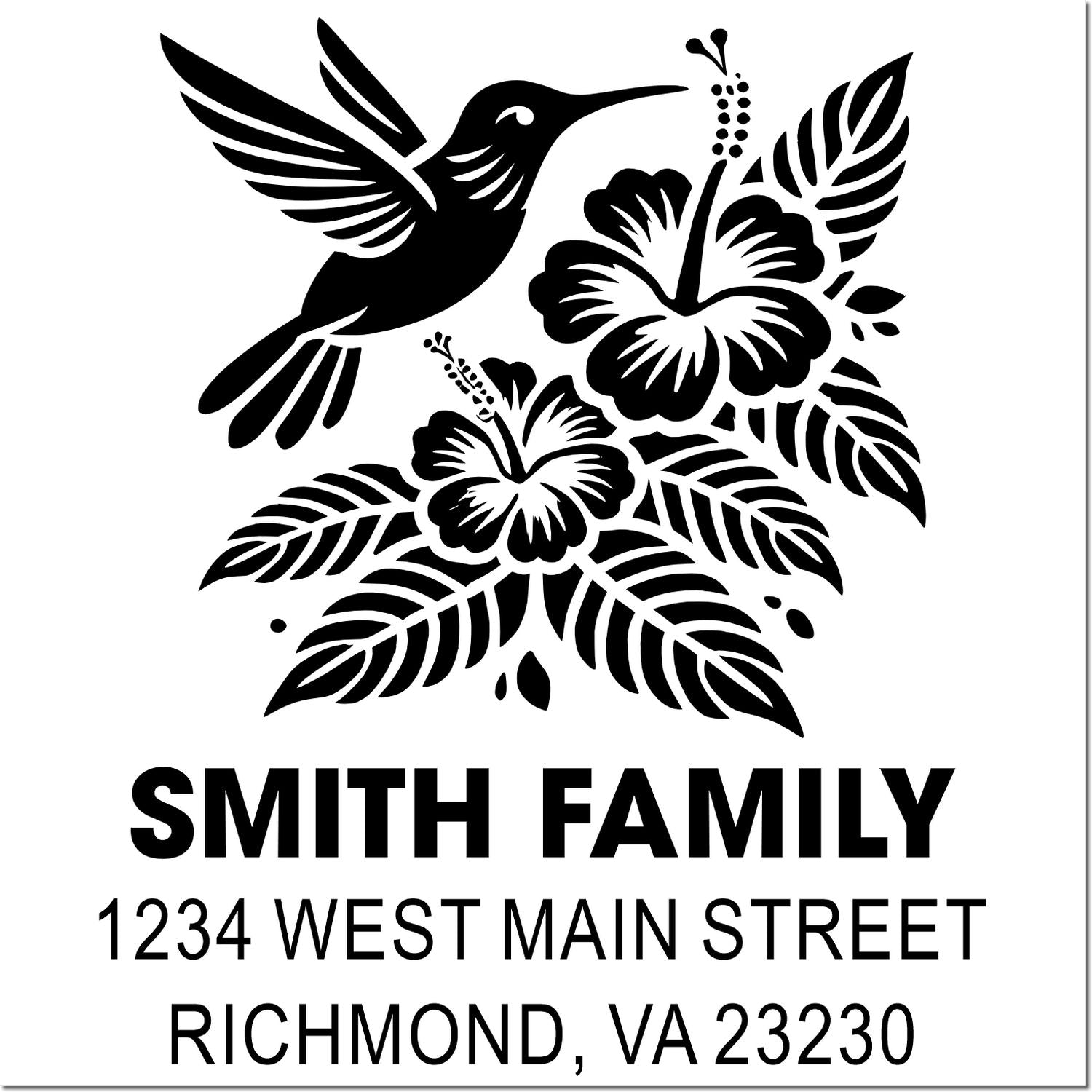 Custom hummingbird and hibiscus return address rubber stamp for Smith Family, Richmond, VA 23230