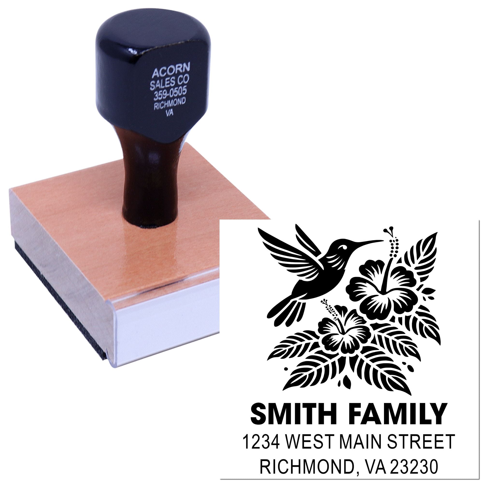 Custom return address rubber stamp with hummingbird floral design for personalized Smith Family mail and invitations.