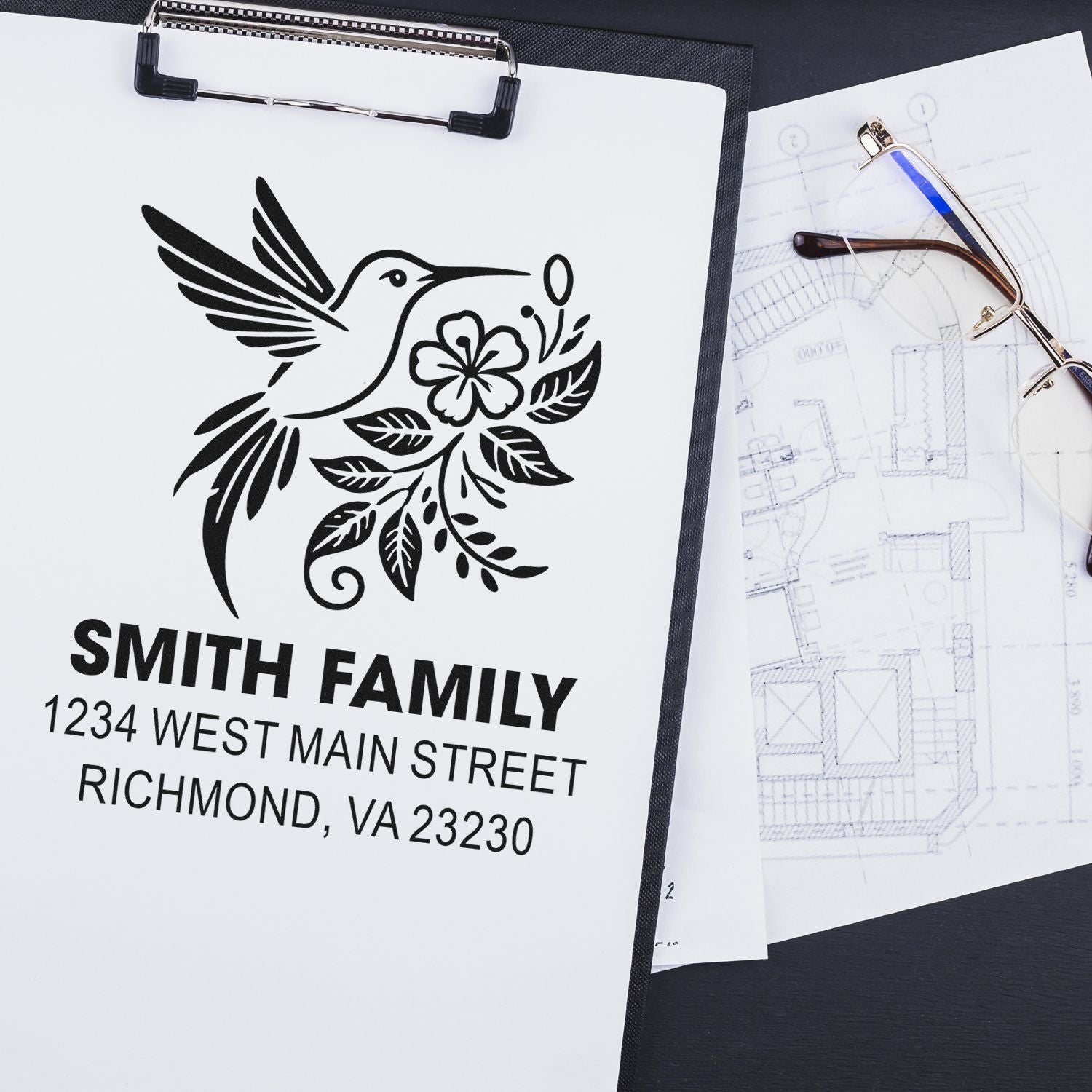 Custom rubber stamp proof featuring hummingbird floral design and Smith family return address for personalized mailing.