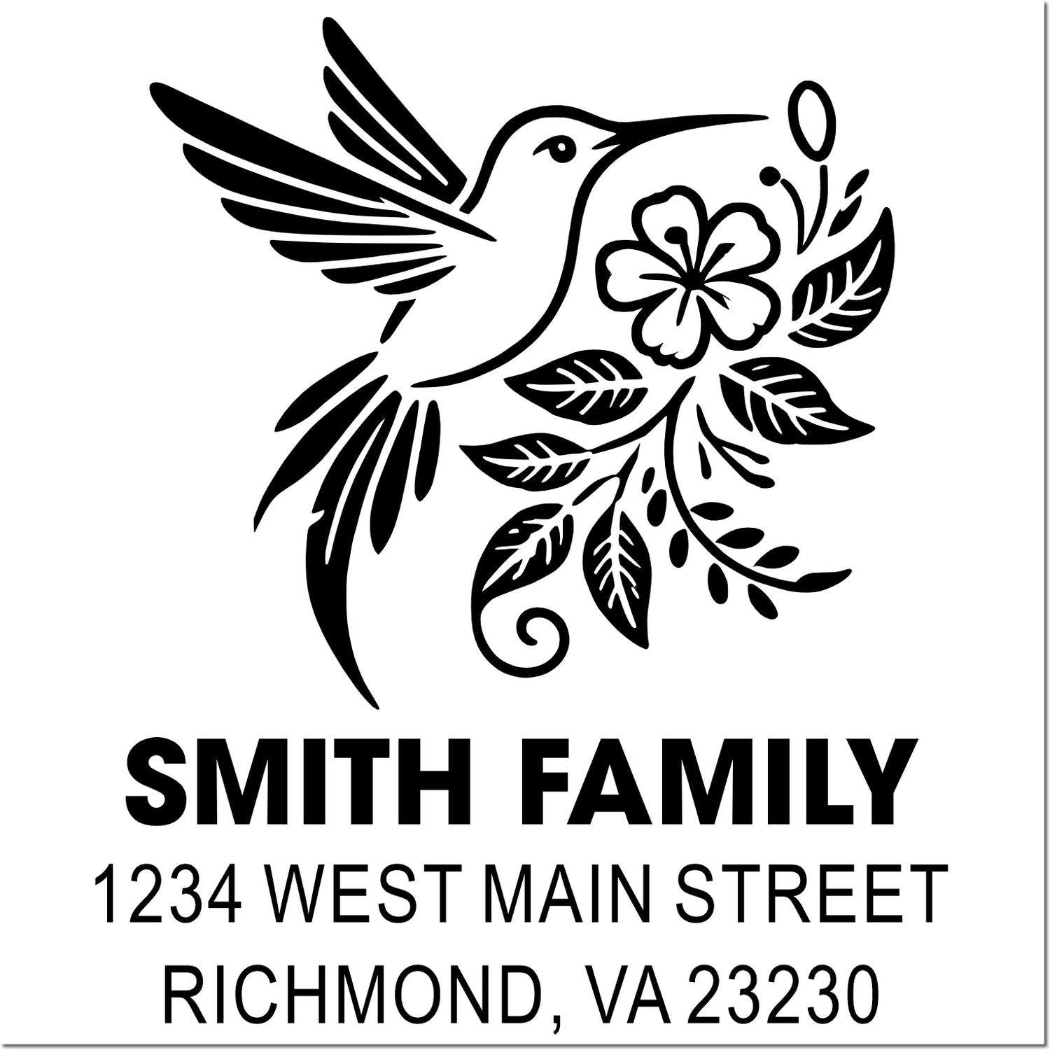 Custom hummingbird floral return address stamp for Smith Family, Richmond, VA.