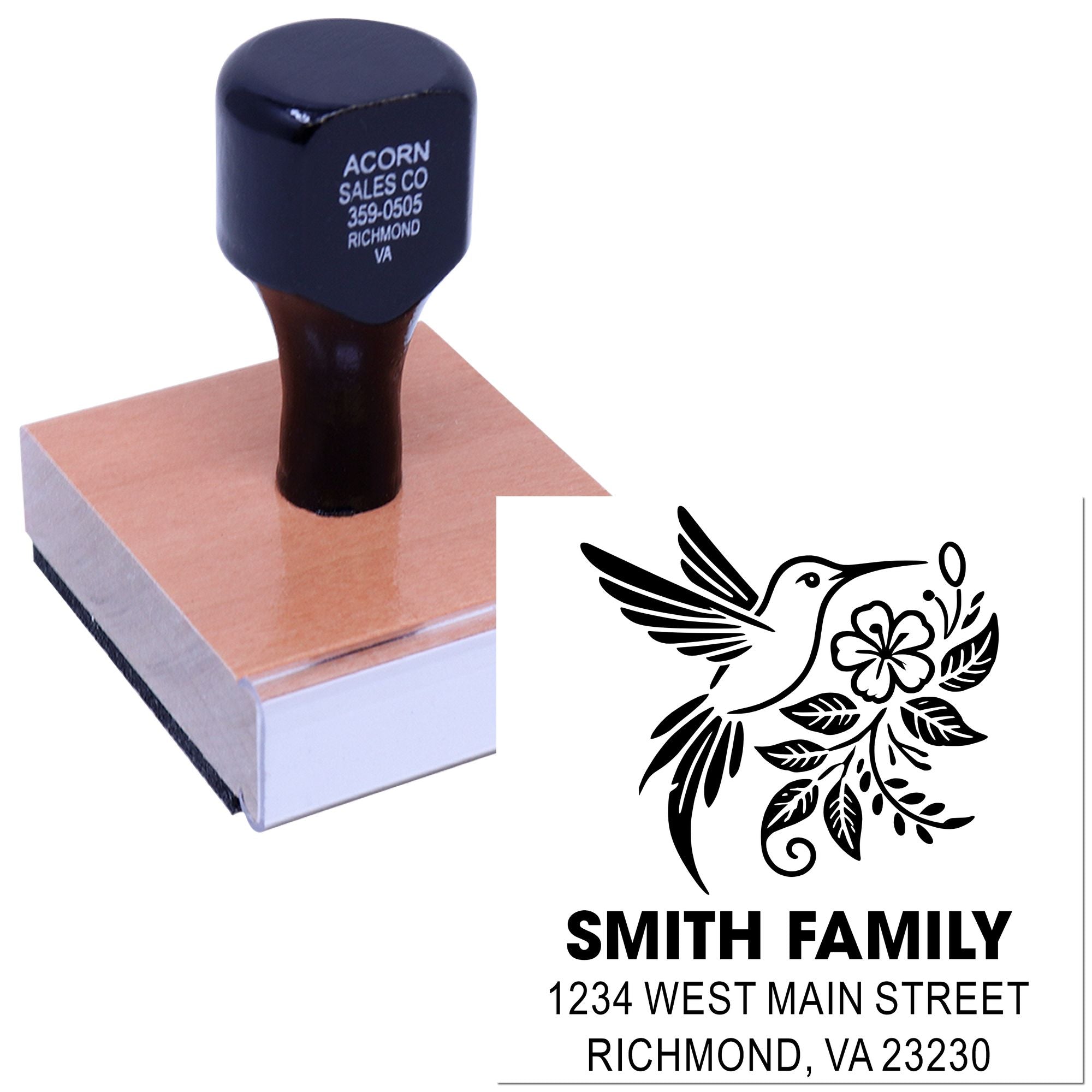 Custom rubber stamp with hummingbird floral design and personalized family address stamp for mail, invitations, and packaging.