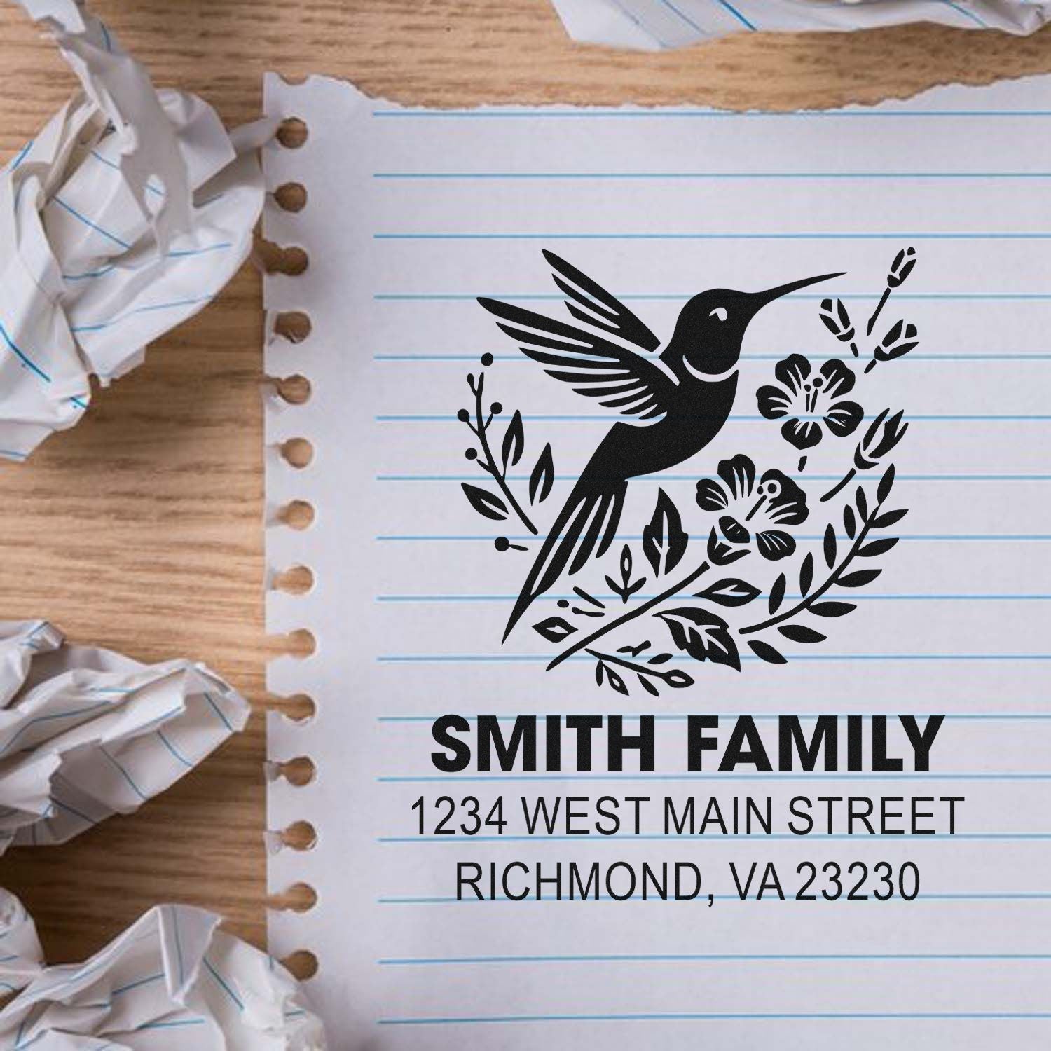 Custom rubber stamp with hummingbird floral design and Smith Family return address, Richmond, VA 23230.