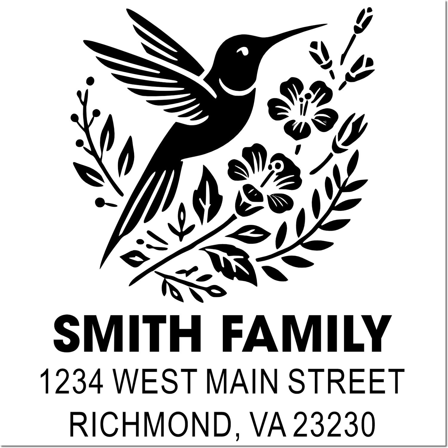 Custom hummingbird floral return address rubber stamp for Smith Family, 1234 West Main Street, Richmond, VA 23230