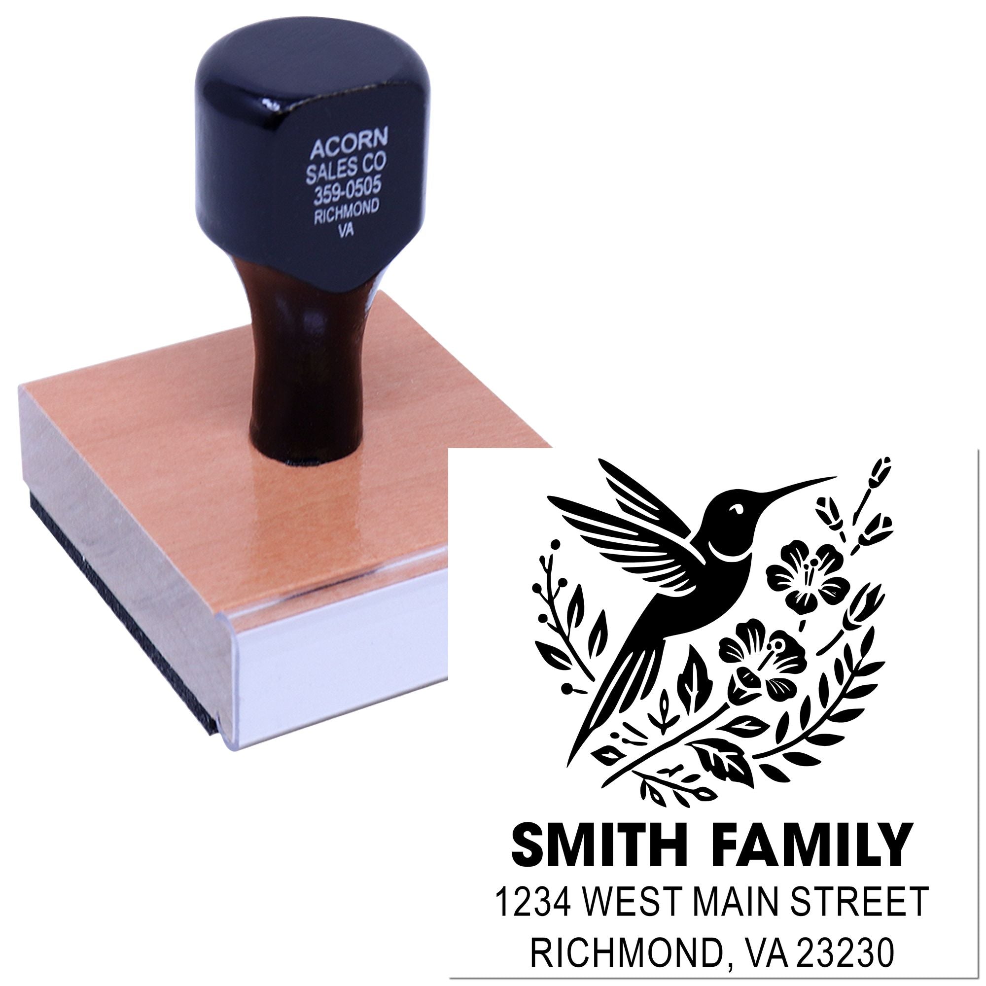 Custom family return address rubber stamp with hummingbird floral design for Smith Family, Richmond, VA
