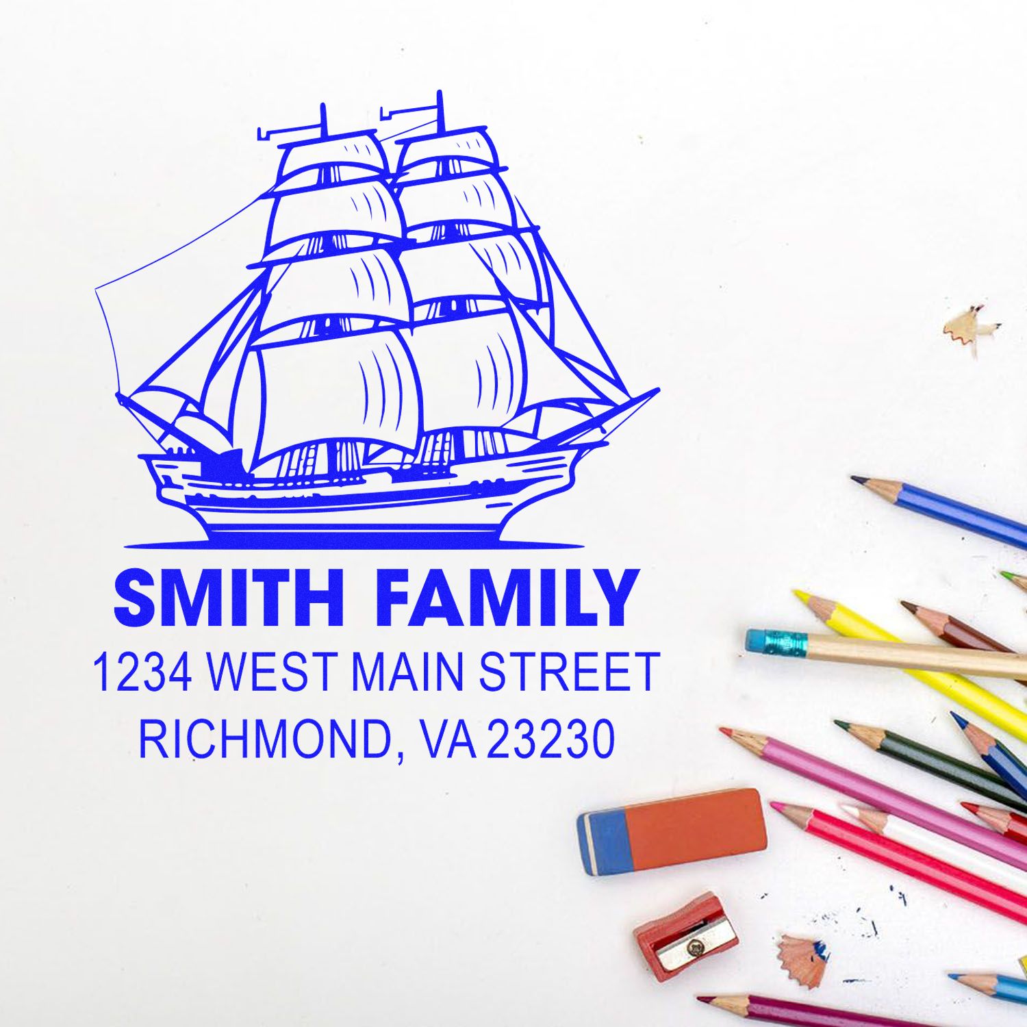 Personalized rubber address stamp with sailboat design for Smith Family, Richmond, VA 23230