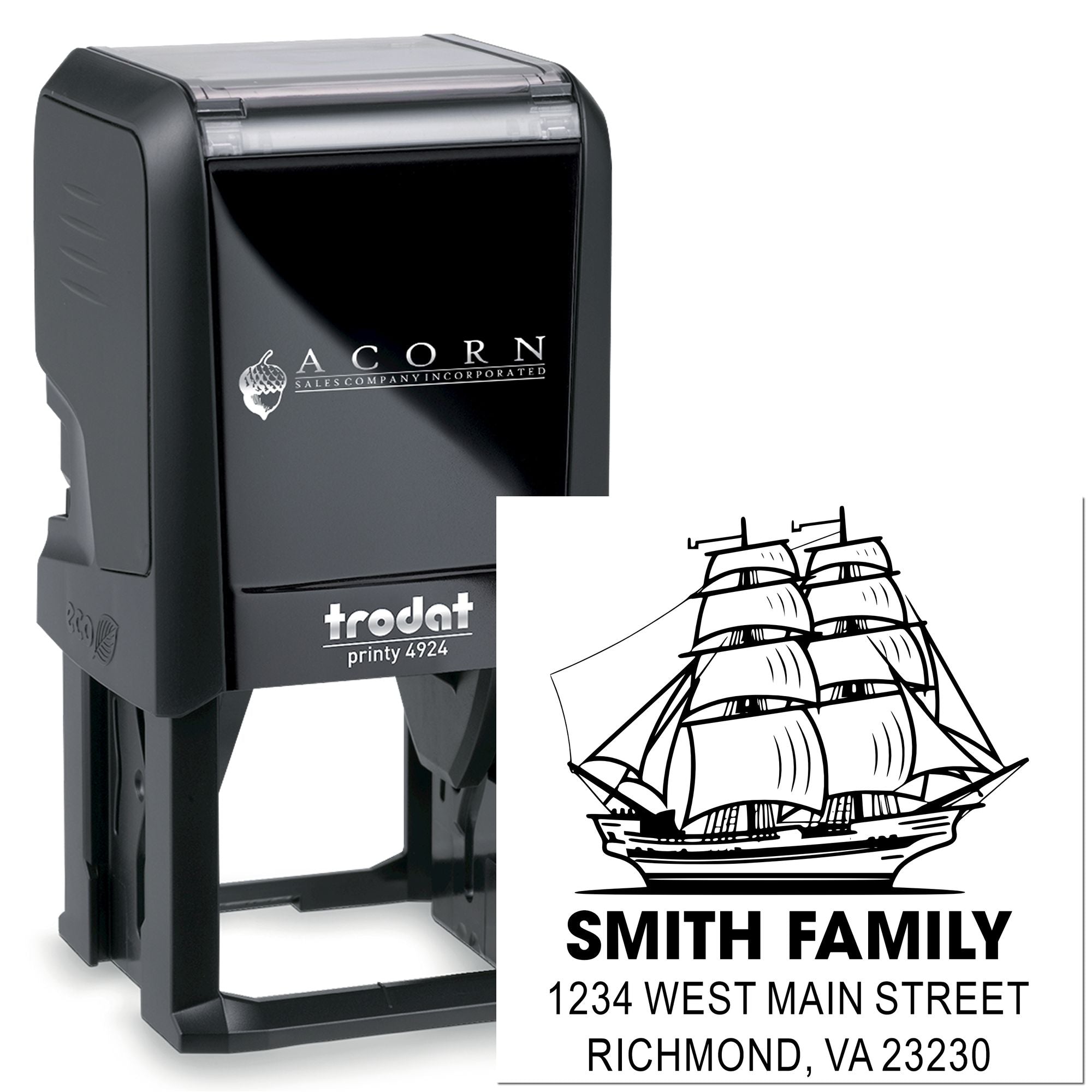 Personalized self-inking rubber stamp with sailboat family address design for custom return address and mailing use.