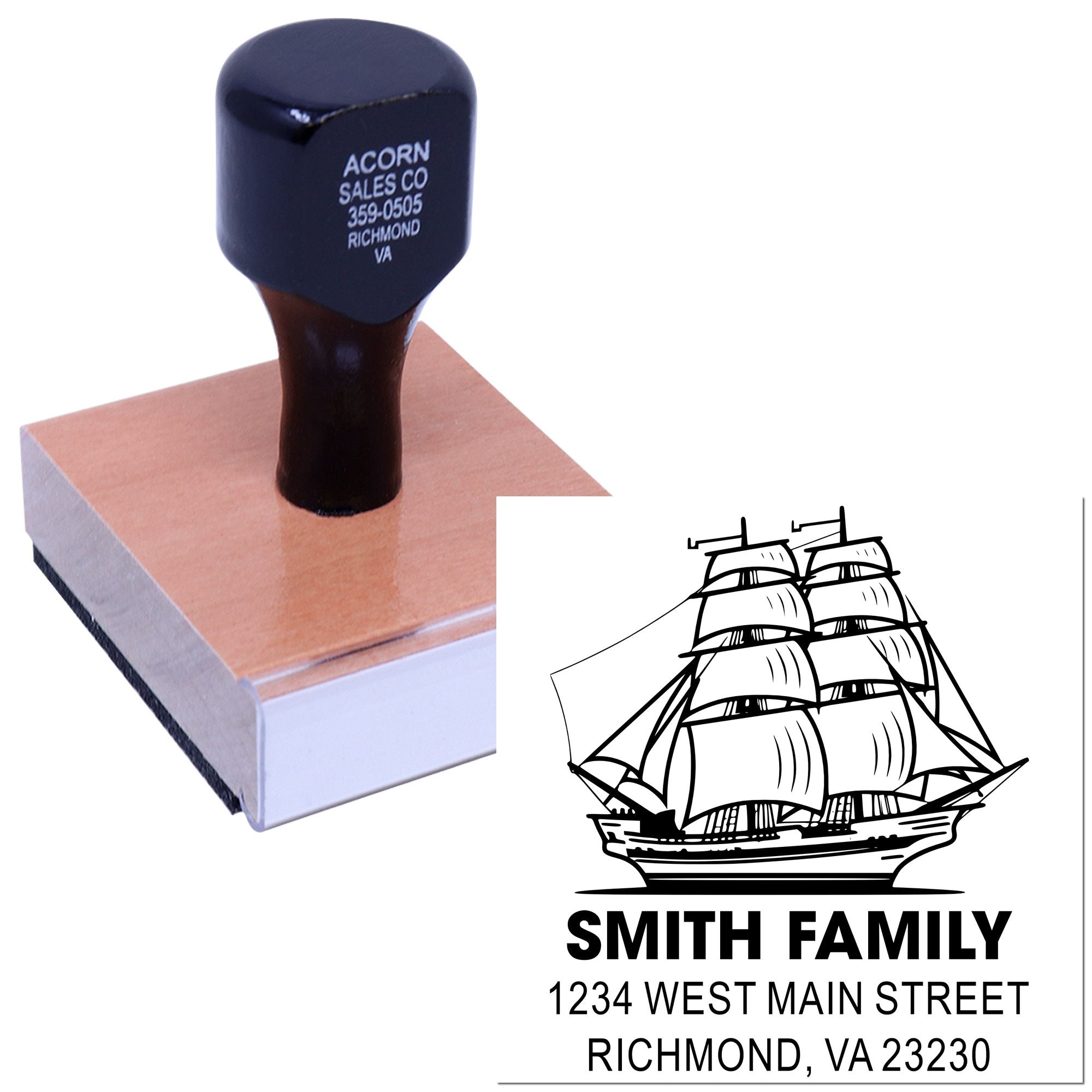 Personalized rubber address stamp with sailboat family name and return address for mailing envelopes.