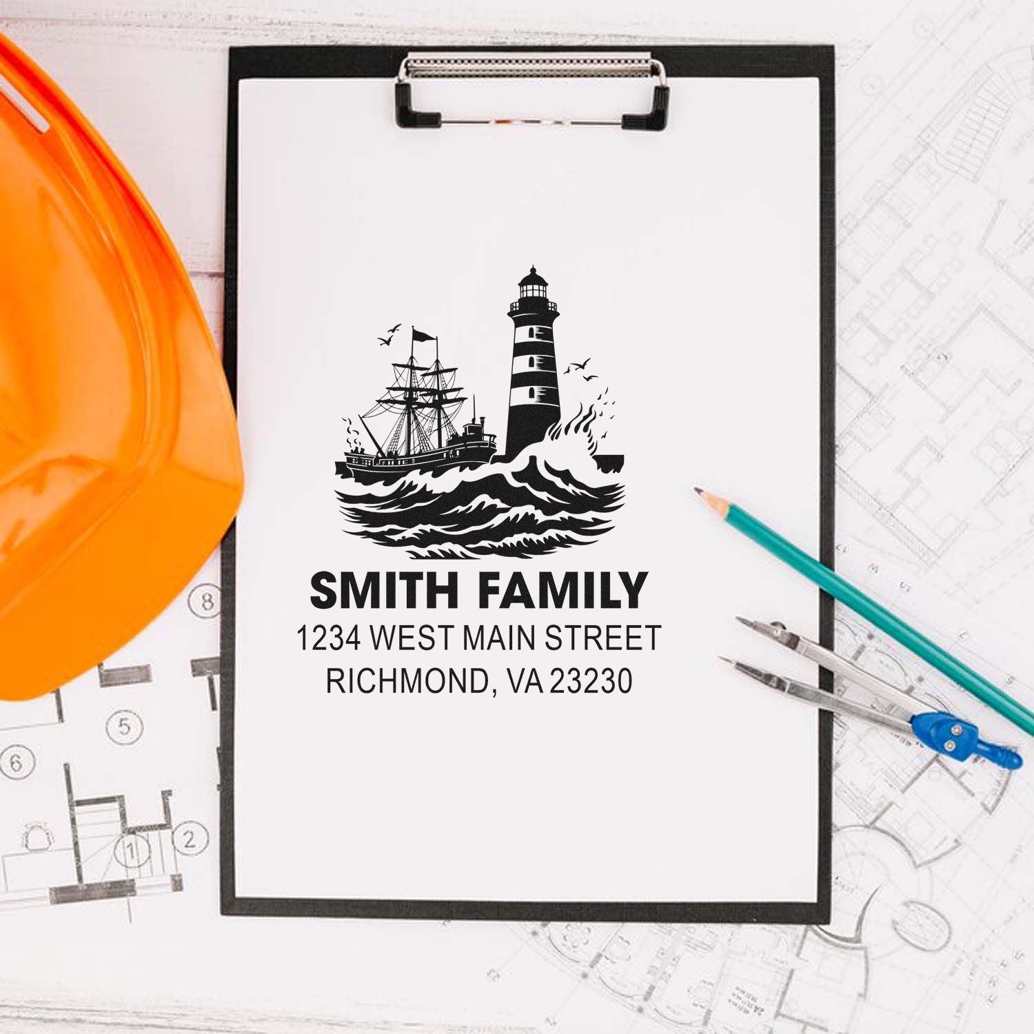 Personalized return address rubber stamp with lighthouse and ship design for Smith family, shown on clipboard with blueprints.