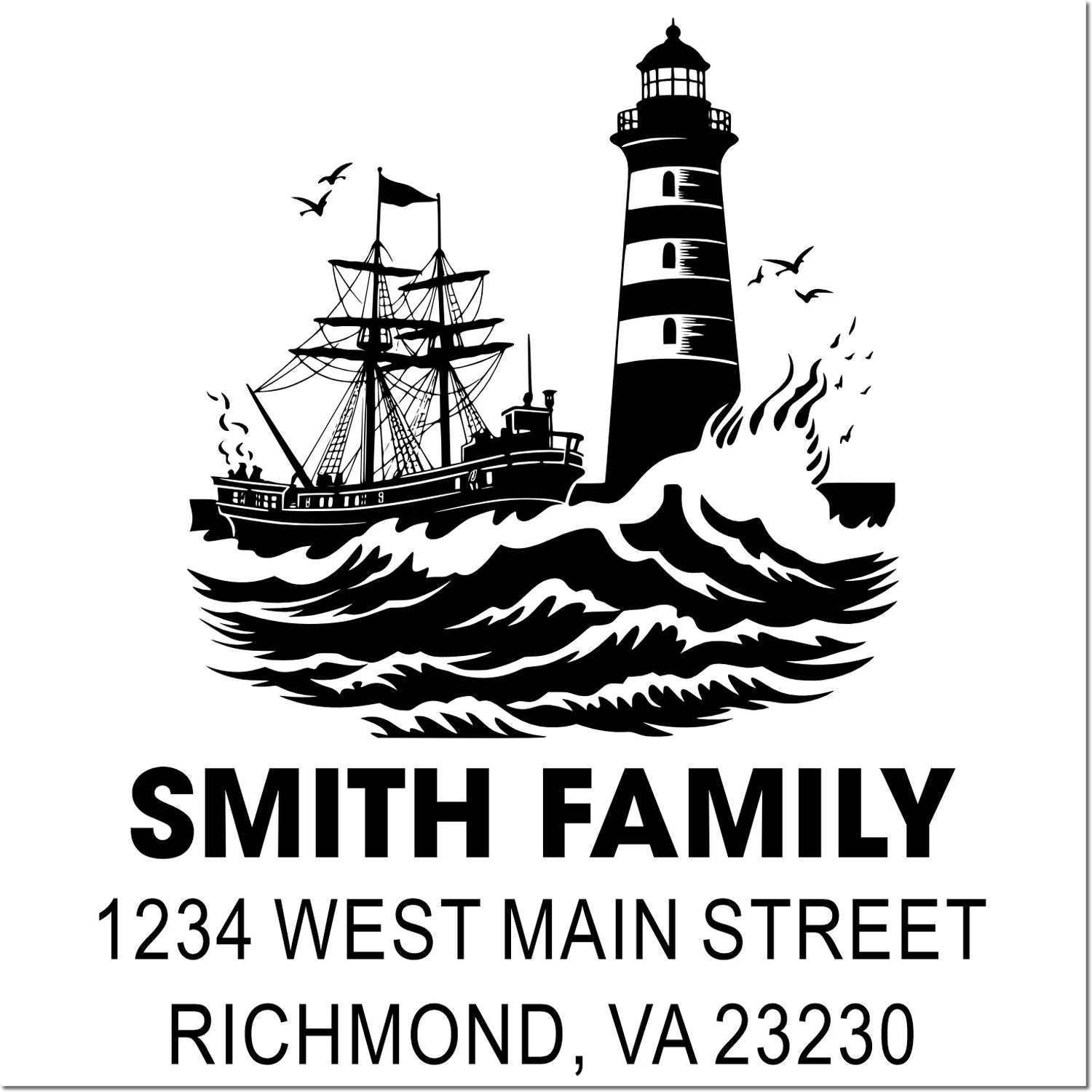 Custom family address rubber stamp with lighthouse and ship, reading Smith Family, 1234 West Main Street, Richmond, VA 23230.