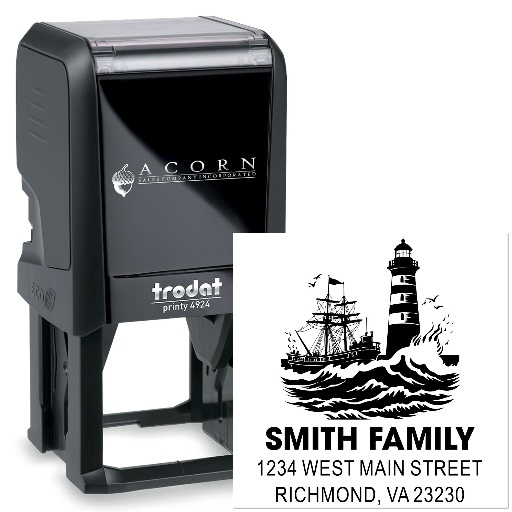 Trodat self-inking custom address rubber stamp with lighthouse ship artwork, Smith family name, and Richmond VA address.