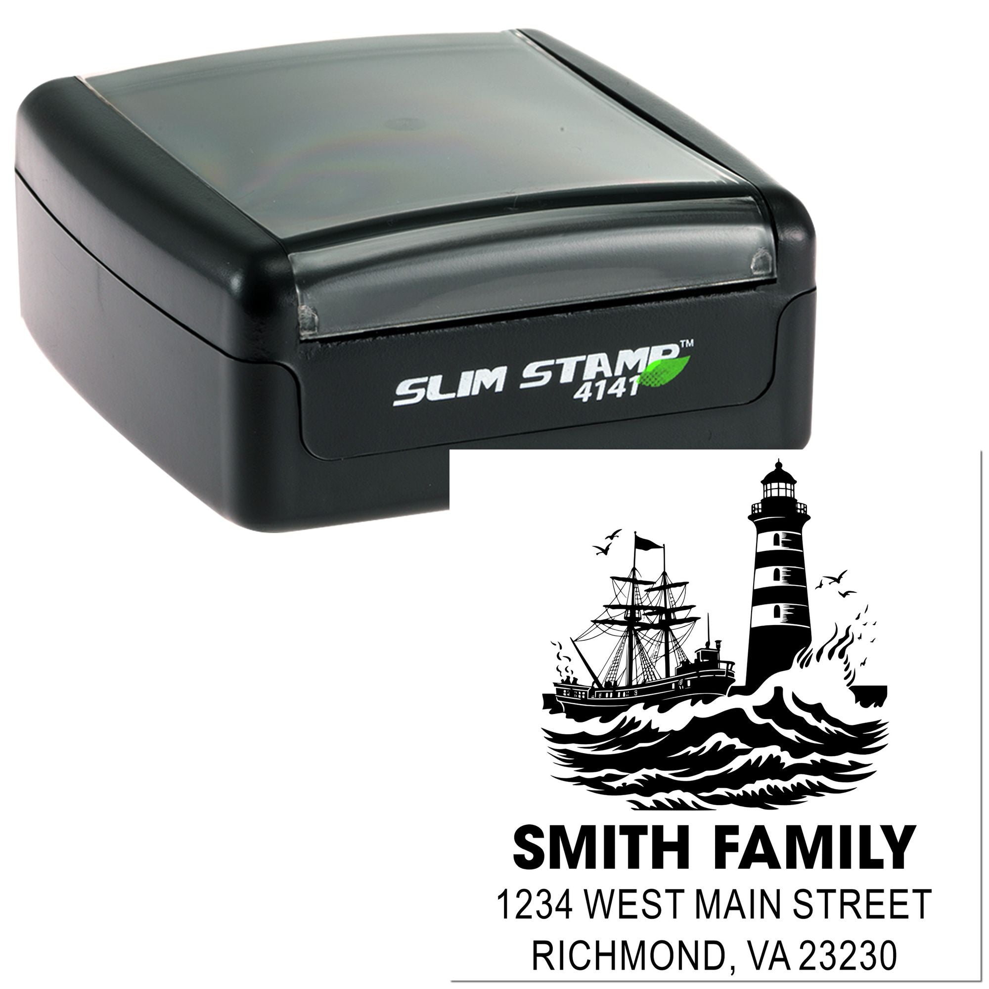 Custom self-inking Slim Stamp rubber address stamp with lighthouse and ship design for family mailing labels.