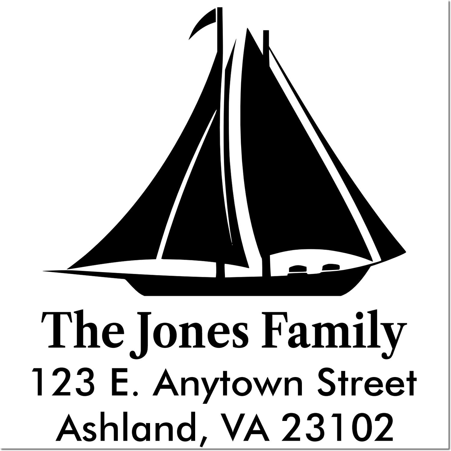 Custom sailboat family address rubber stamp with The Jones Family, 123 E. Anytown Street, Ashland, VA 23102