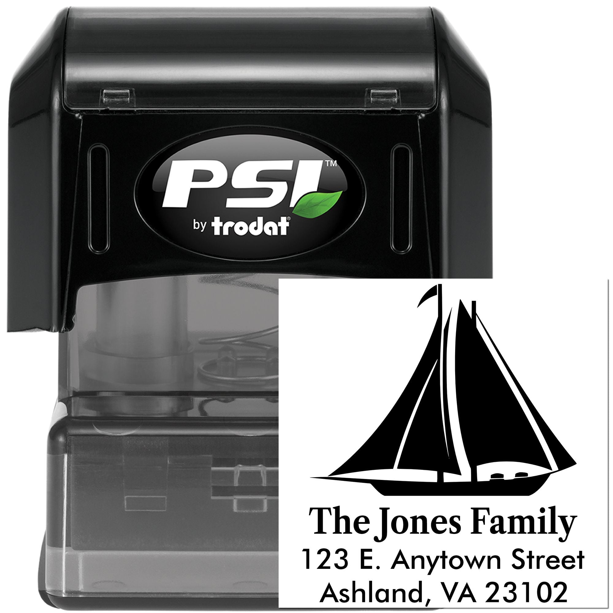 PSI by Trodat self-inking custom address stamp with sailboat design for family mailings