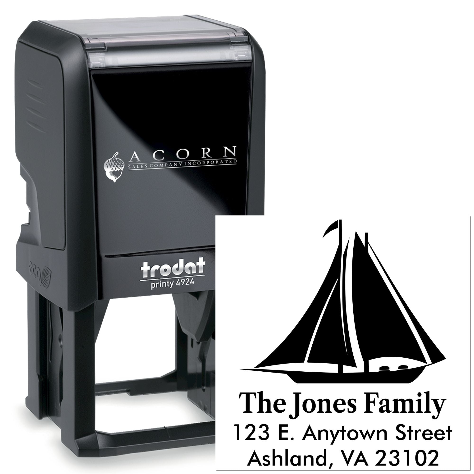 Custom self-inking address rubber stamp with sailboat logo for family return addresses and mailings
