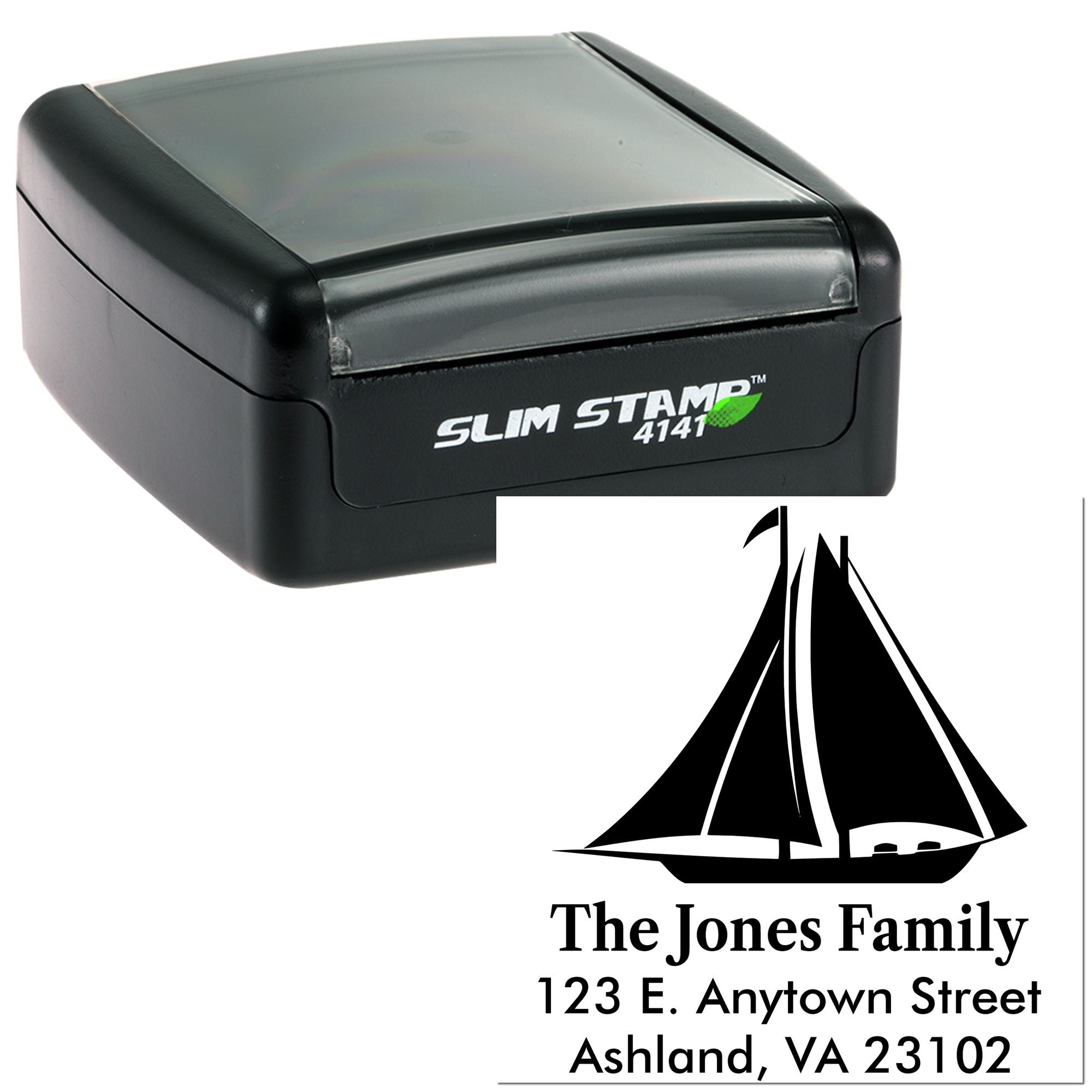 Slim Stamp self-inking rubber address stamp with sailboat family return address design for The Jones Family, Ashland VA.