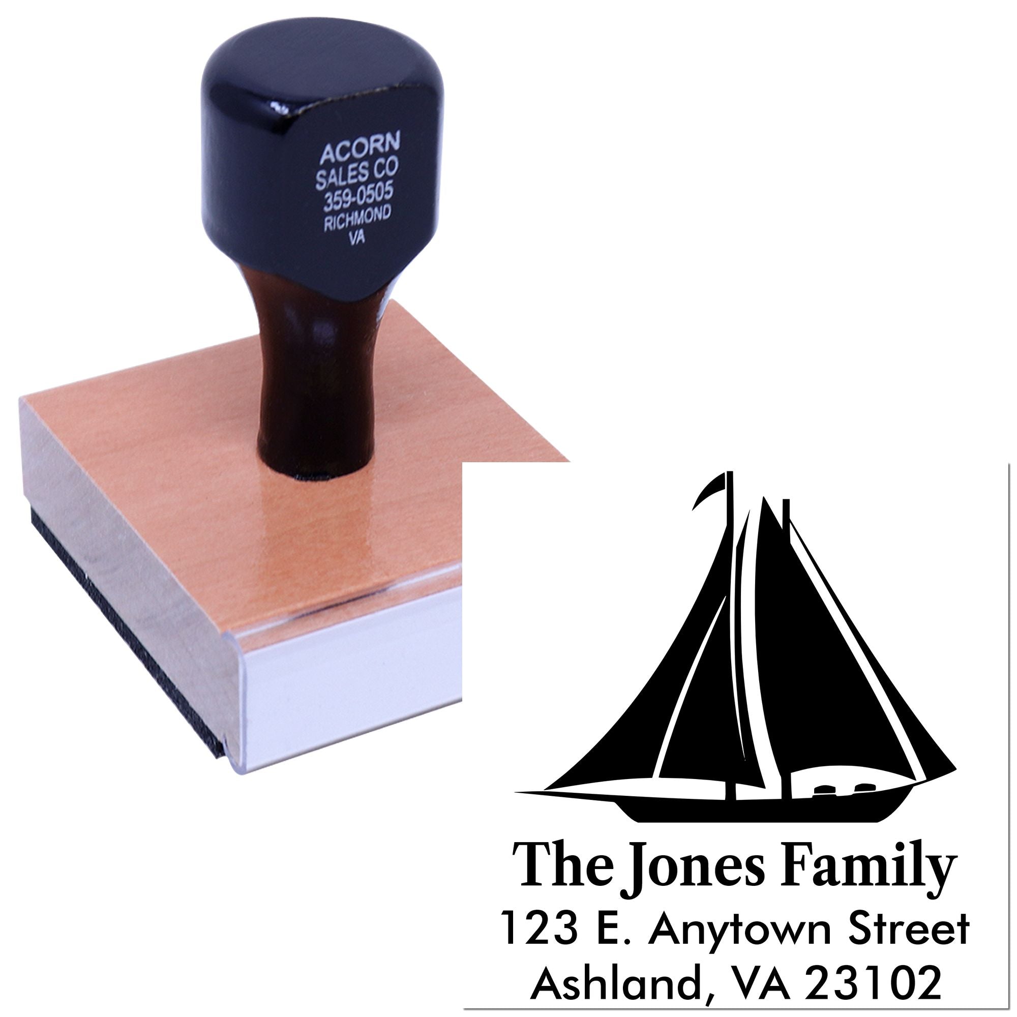 Personalized return address rubber stamp with sailboat logo and The Jones Family mailing address.