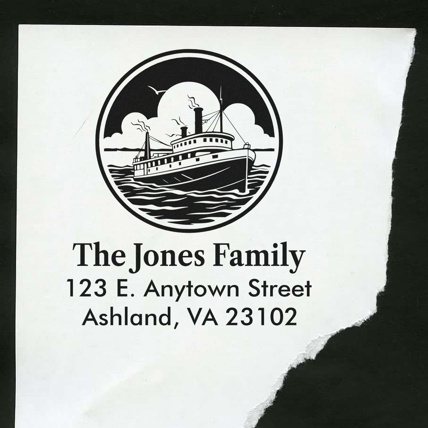Custom return address rubber stamp with steamboat logo for The Jones Family, Ashland, VA 23102.