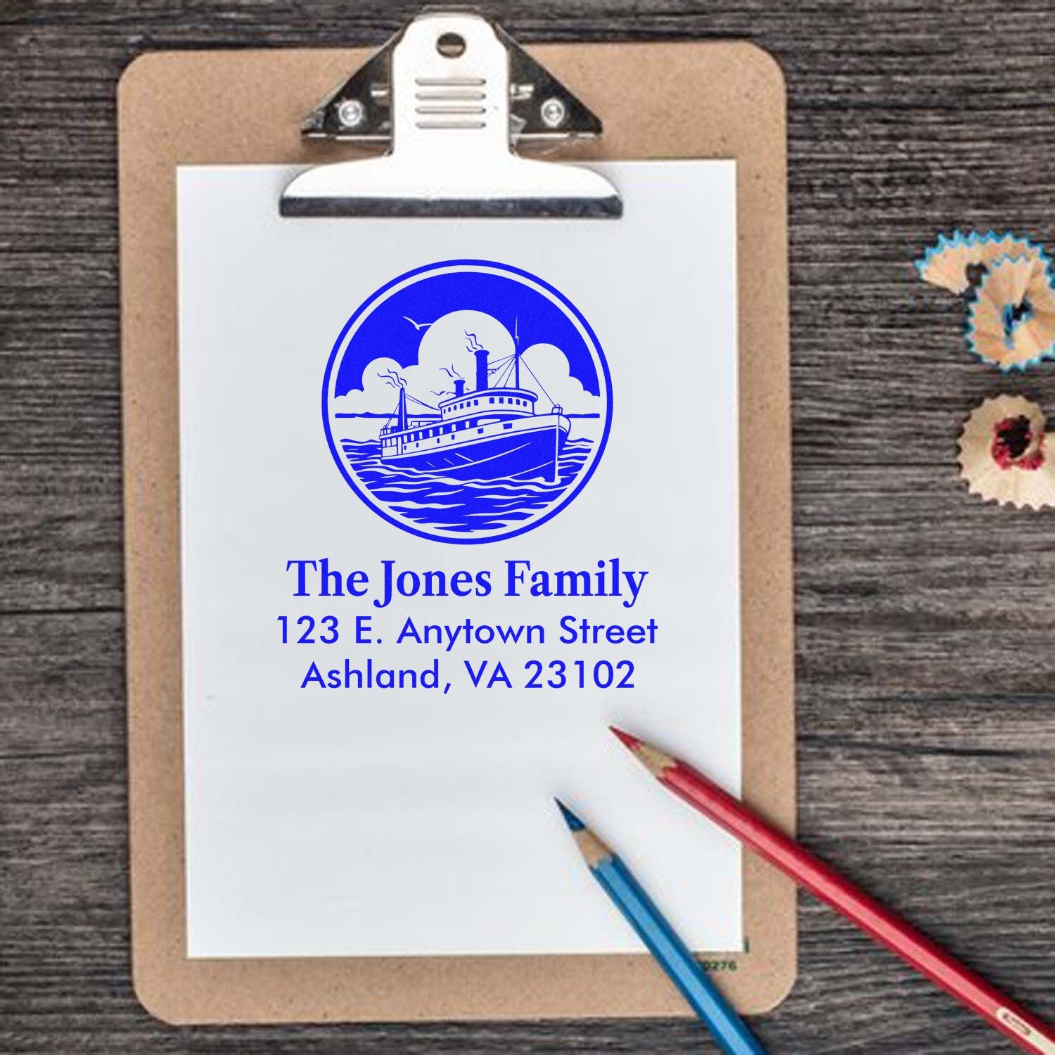 Custom nautical return address rubber stamp for The Jones Family with steamboat logo and address imprint
