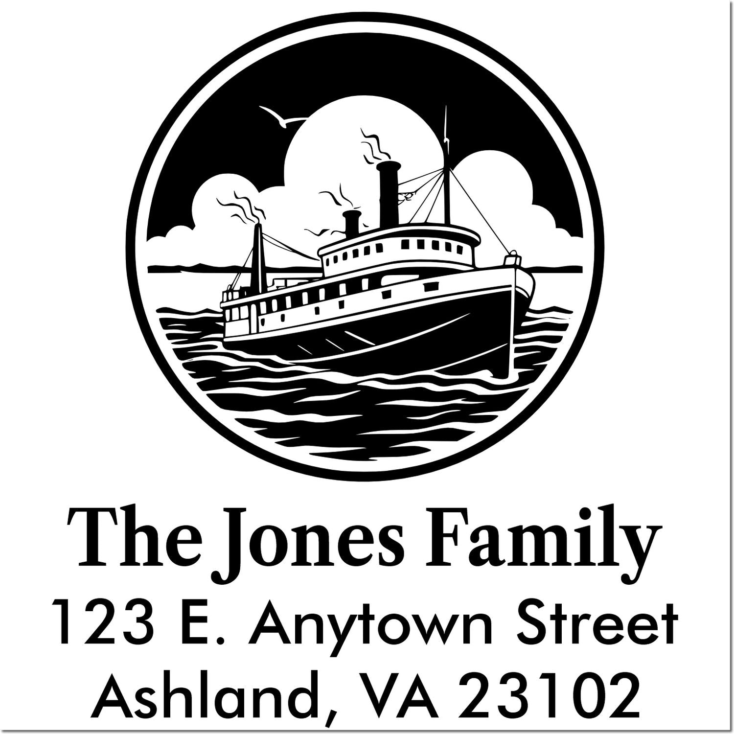 Personalized return address rubber stamp with steamboat logo for The Jones Family, Ashland, VA 23102.