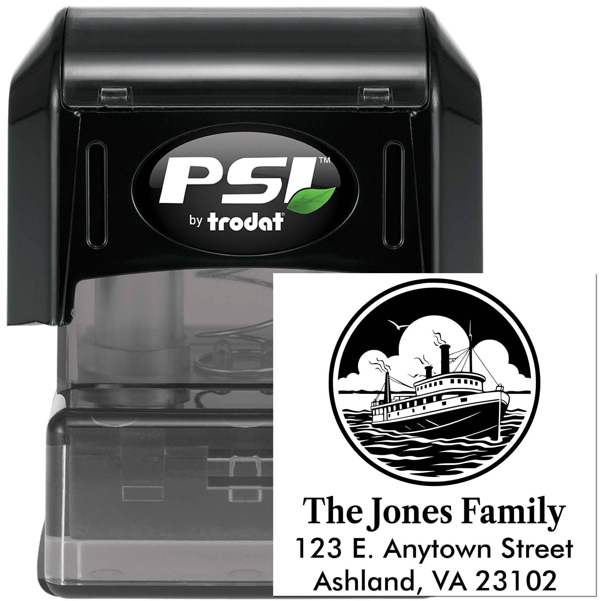 PSI by Trodat self-inking custom address rubber stamp with ship logo and family mailing address imprint