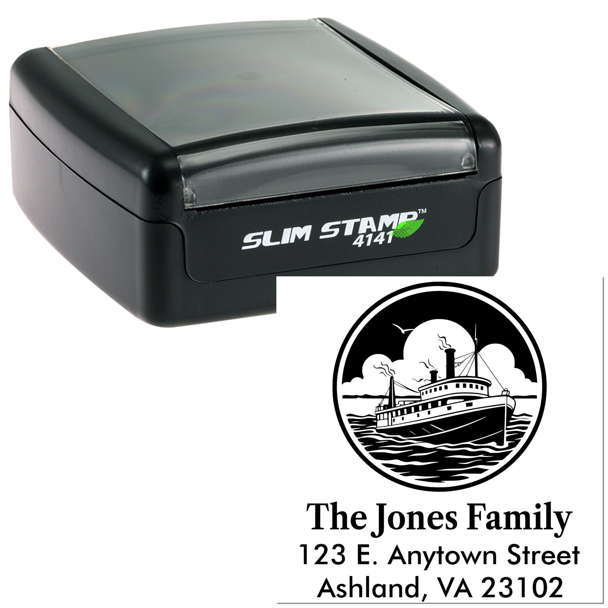 Custom self-inking rubber stamp with nautical family address design for envelopes, mailing, and personalized correspondence.