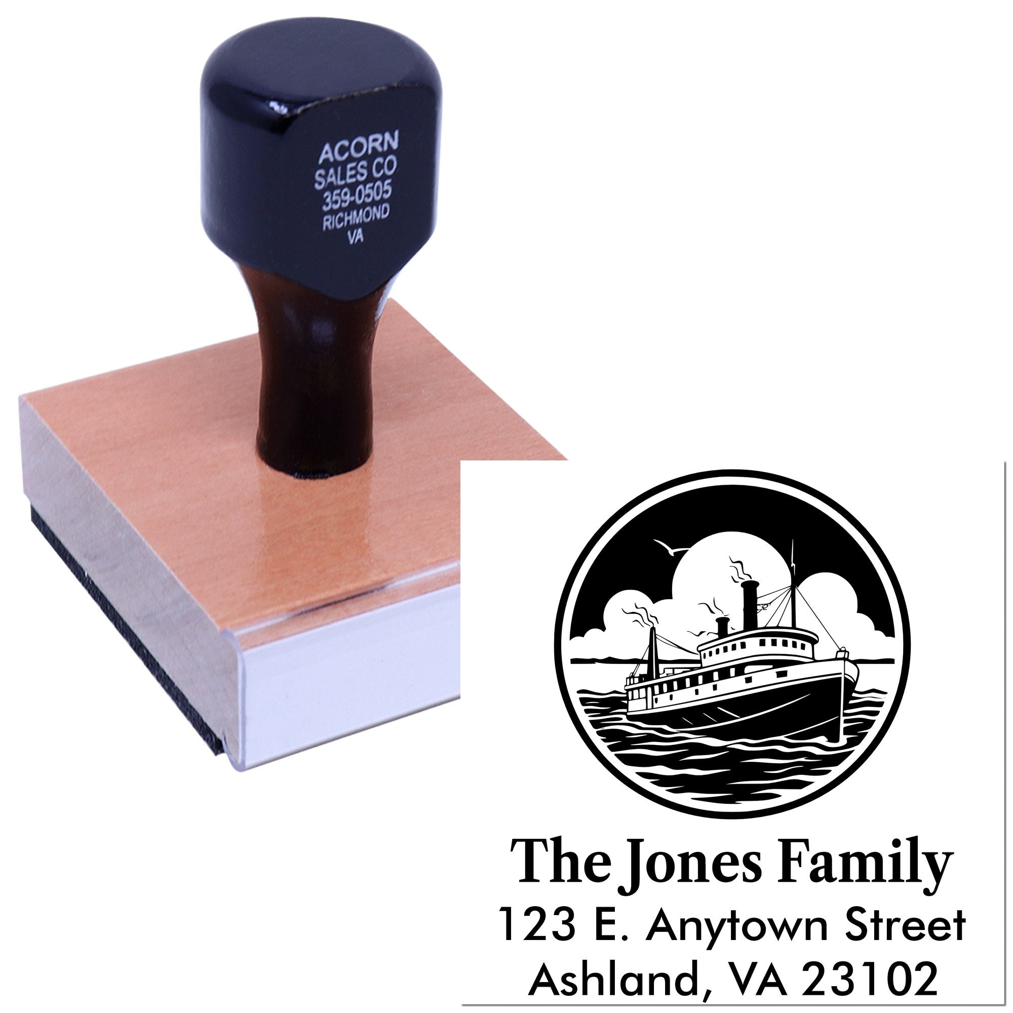Custom rubber stamp with personalized return address and ship logo design, ideal for family stationery, mailing, or branding.