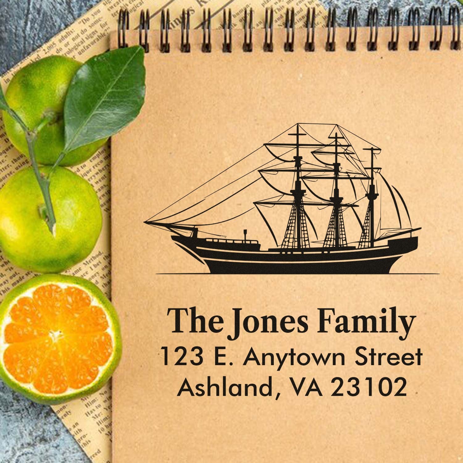 Custom rubber stamp with sailing ship design and family return address, perfect for personalized mailing and nautical stationery.