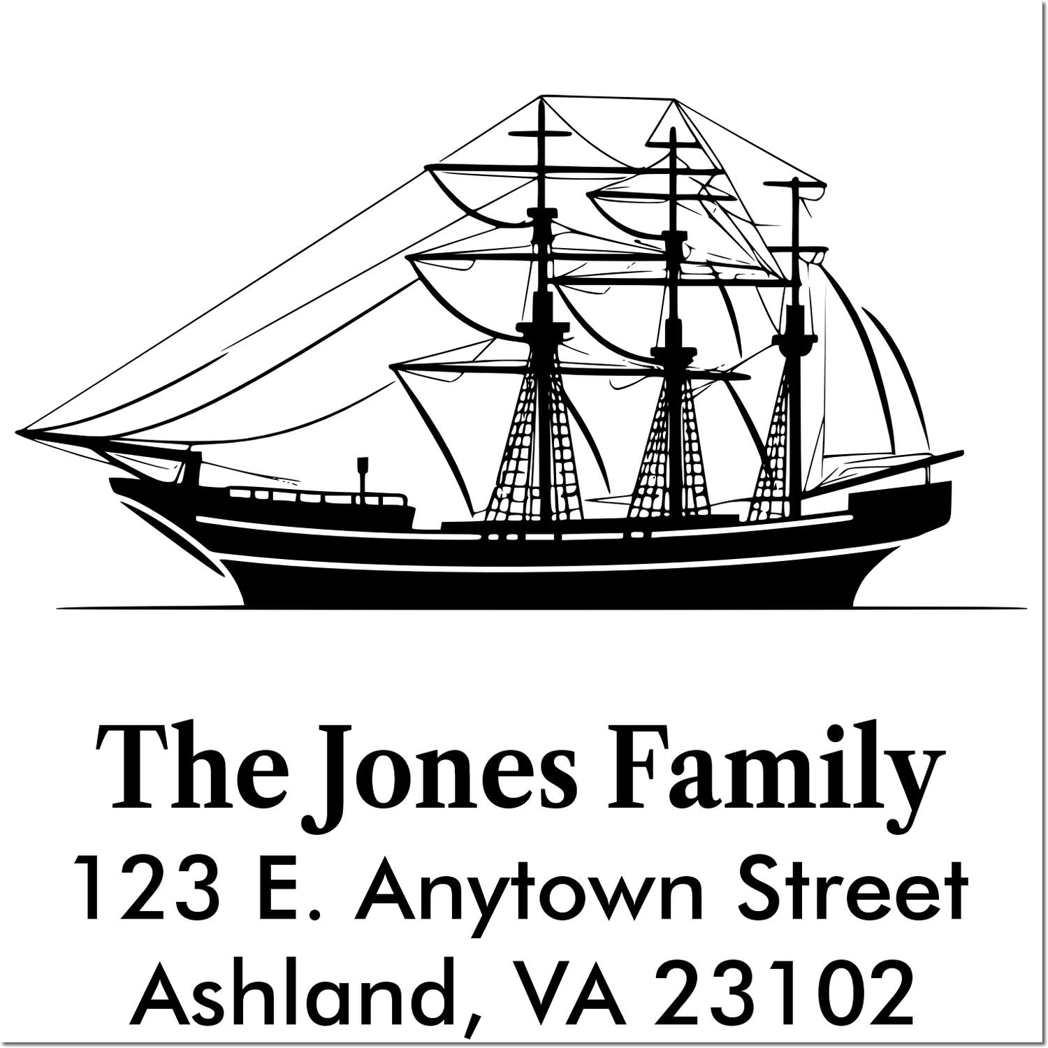 Custom rubber stamp with tall ship design and return address for The Jones Family, 123 E. Anytown Street, Ashland, VA 23102