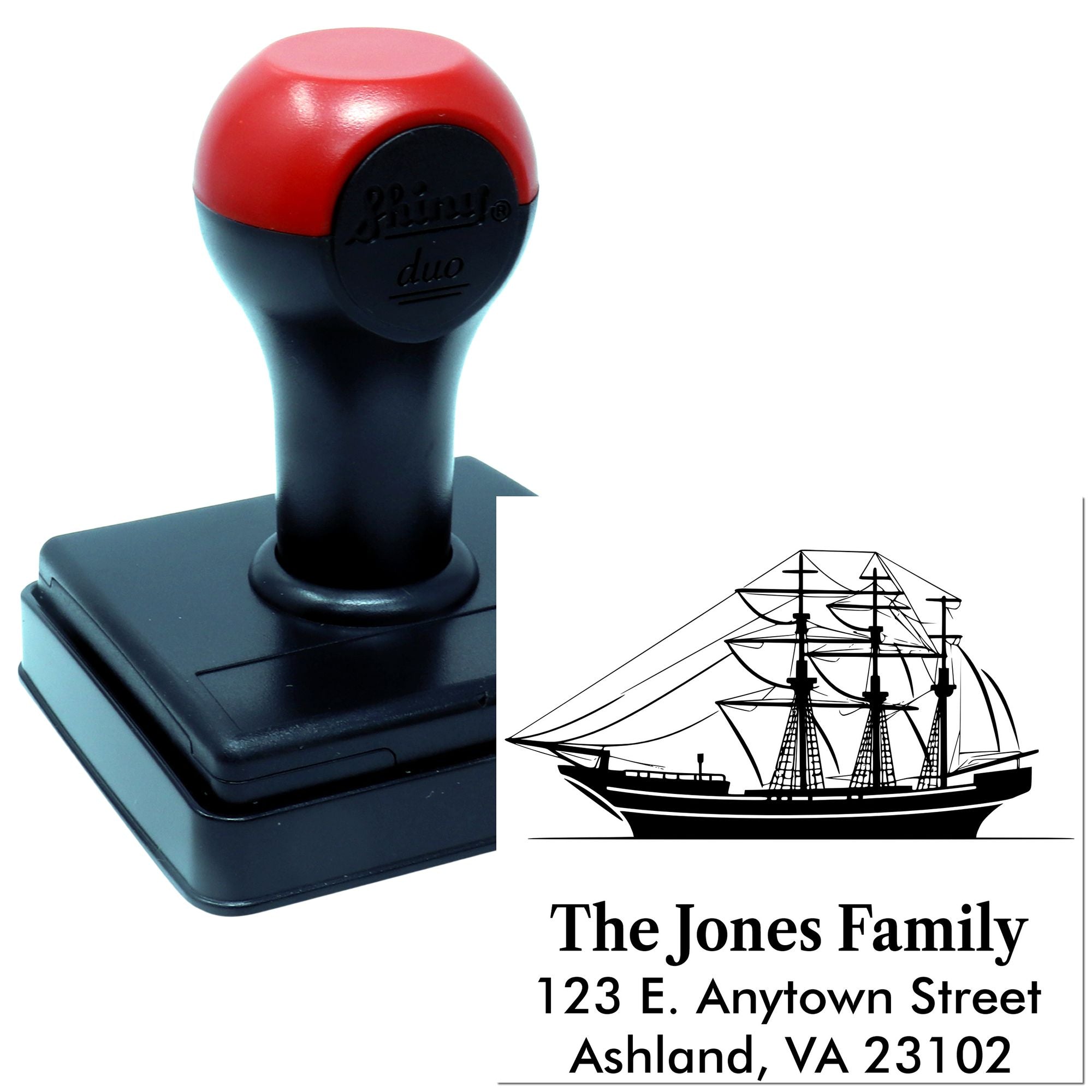 Custom self-inking rubber stamp with ship graphic and family address for The Jones Family in Ashland, VA.
