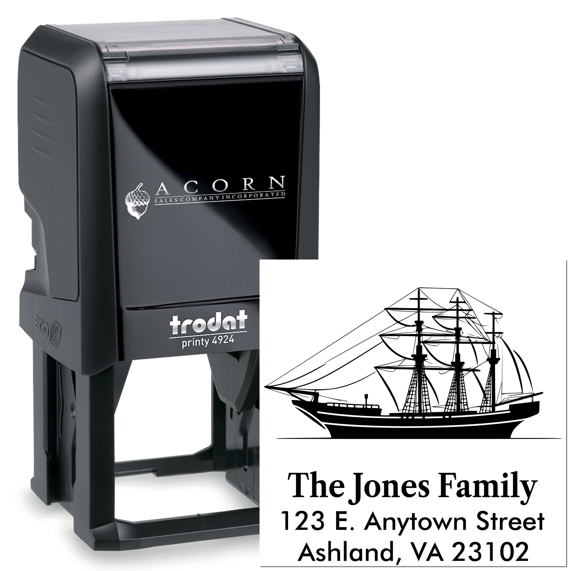 Custom self-inking rubber stamp with ship graphic and family address for personalized return mail and business branding