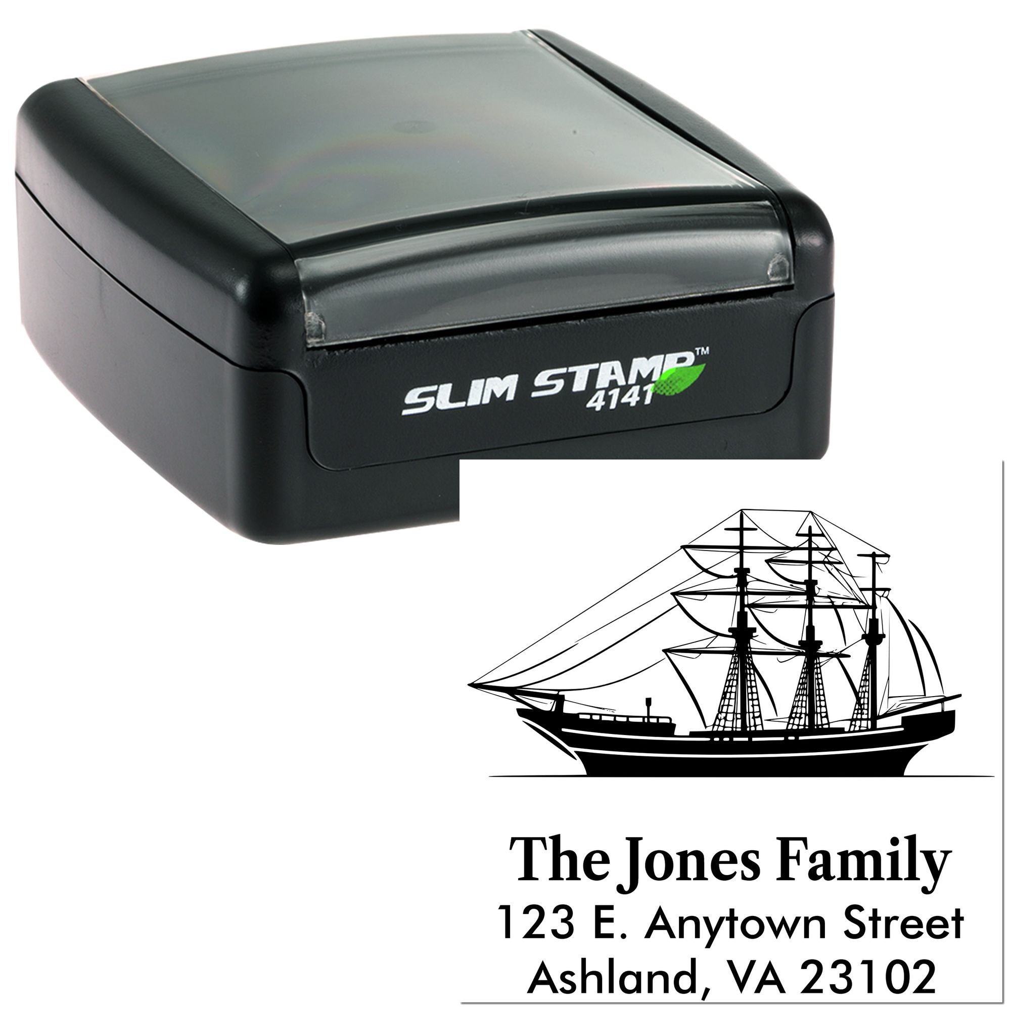 Custom self-inking rubber return address stamp with nautical ship design for The Jones Family, Ashland, VA 23102