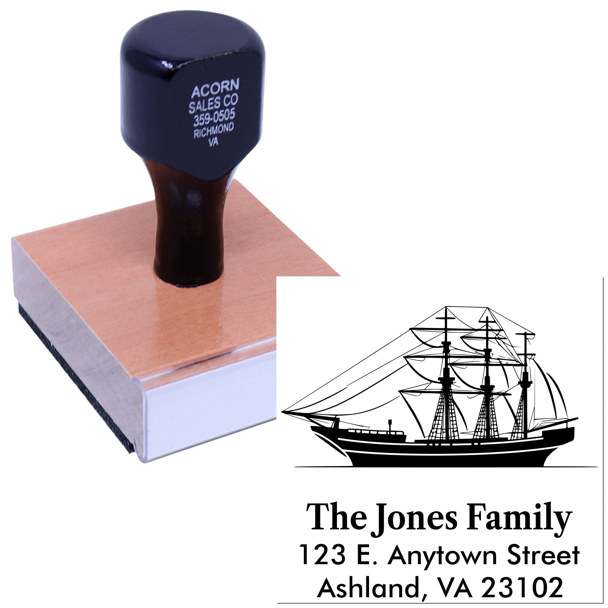 Custom return address rubber stamp with sailing ship logo for The Jones Family, featuring name and mailing address.