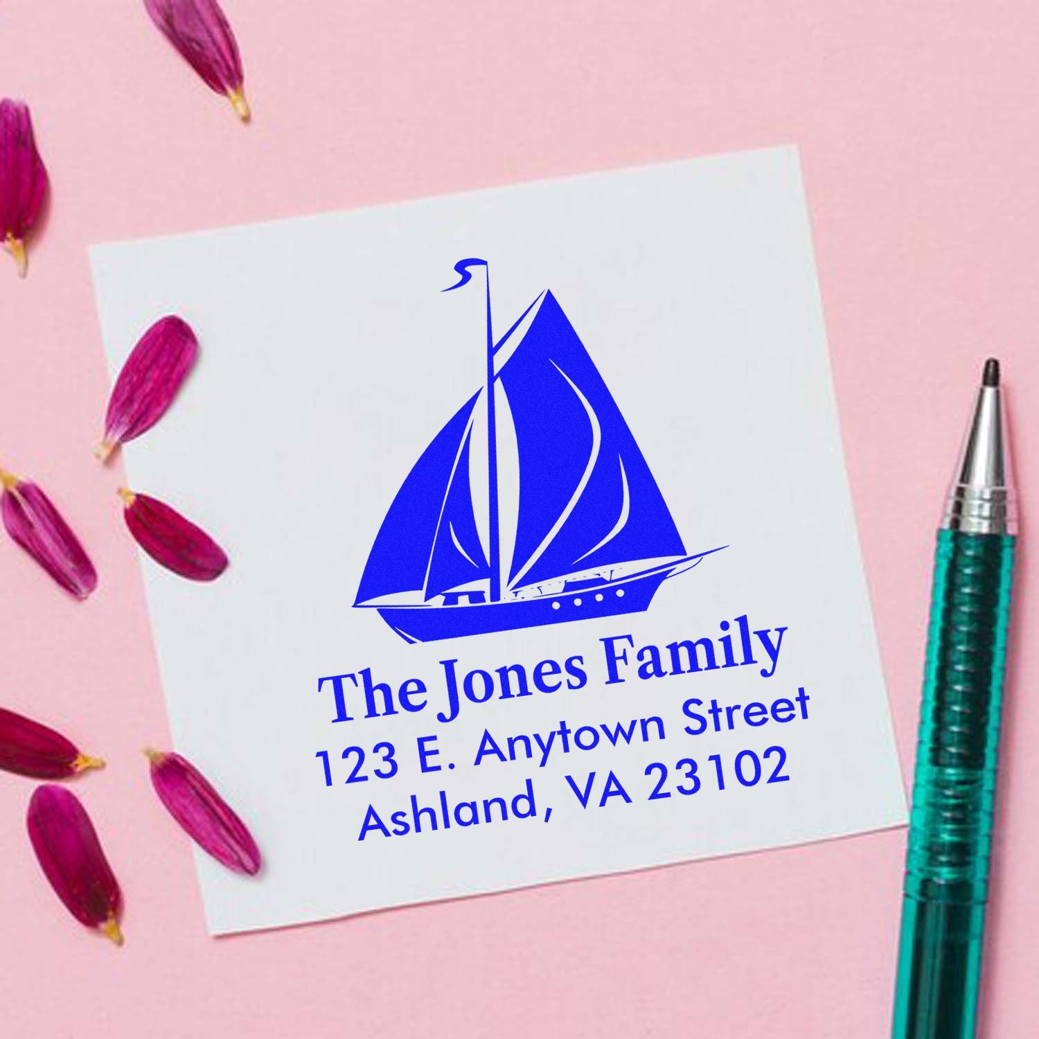 Personalized sailboat family address rubber stamp for custom return address on envelopes and nautical stationery