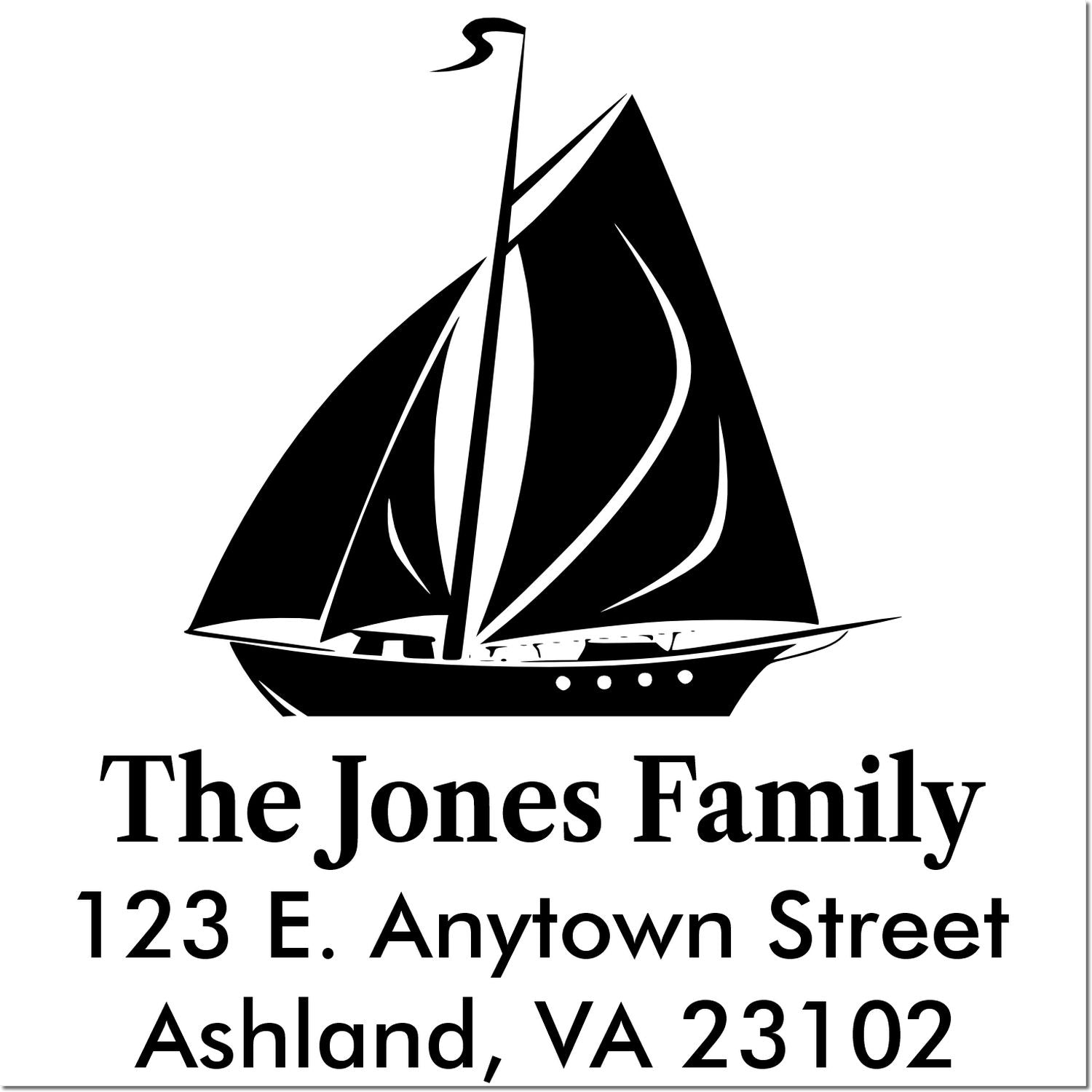 Custom sailboat address rubber stamp for The Jones Family, 123 E. Anytown Street, Ashland, VA 23102.