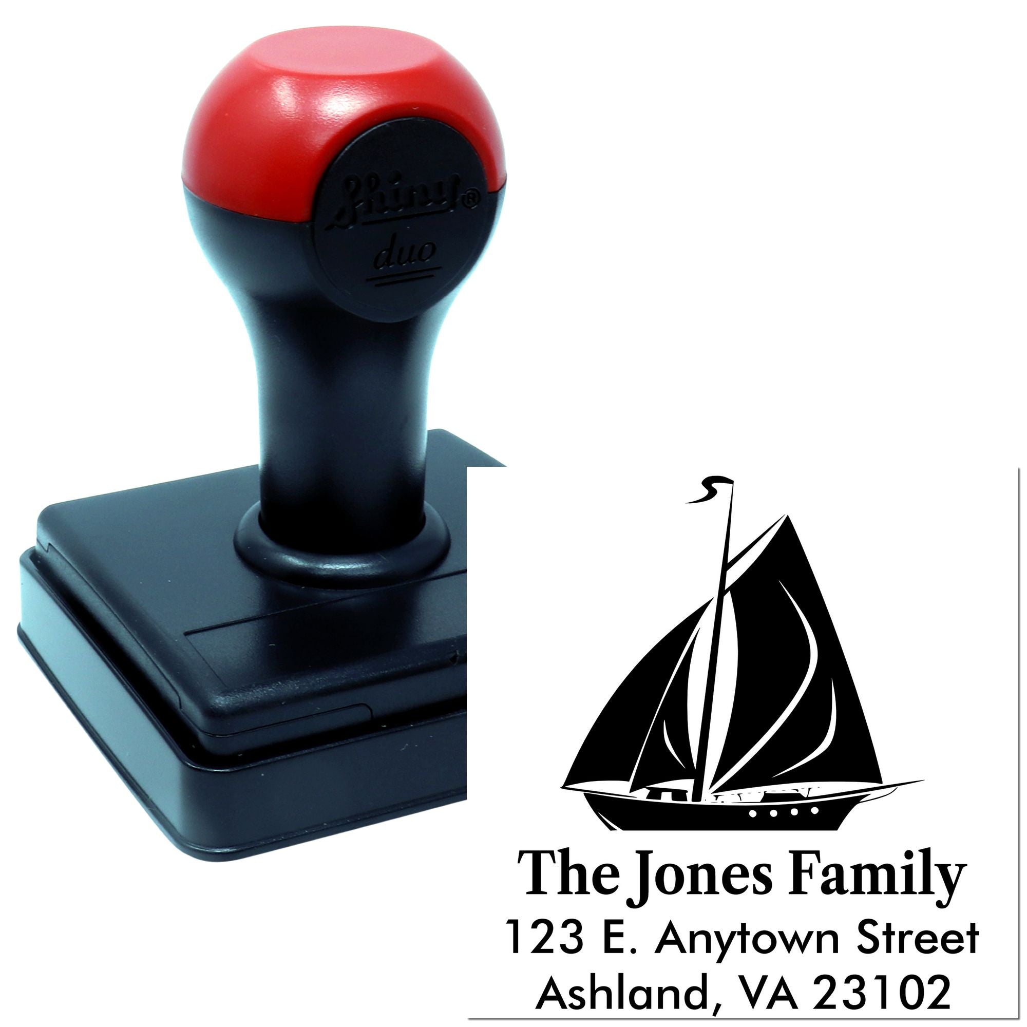 Custom self-inking rubber address stamp with sailboat logo for The Jones Family, Ashland VA 23102.
