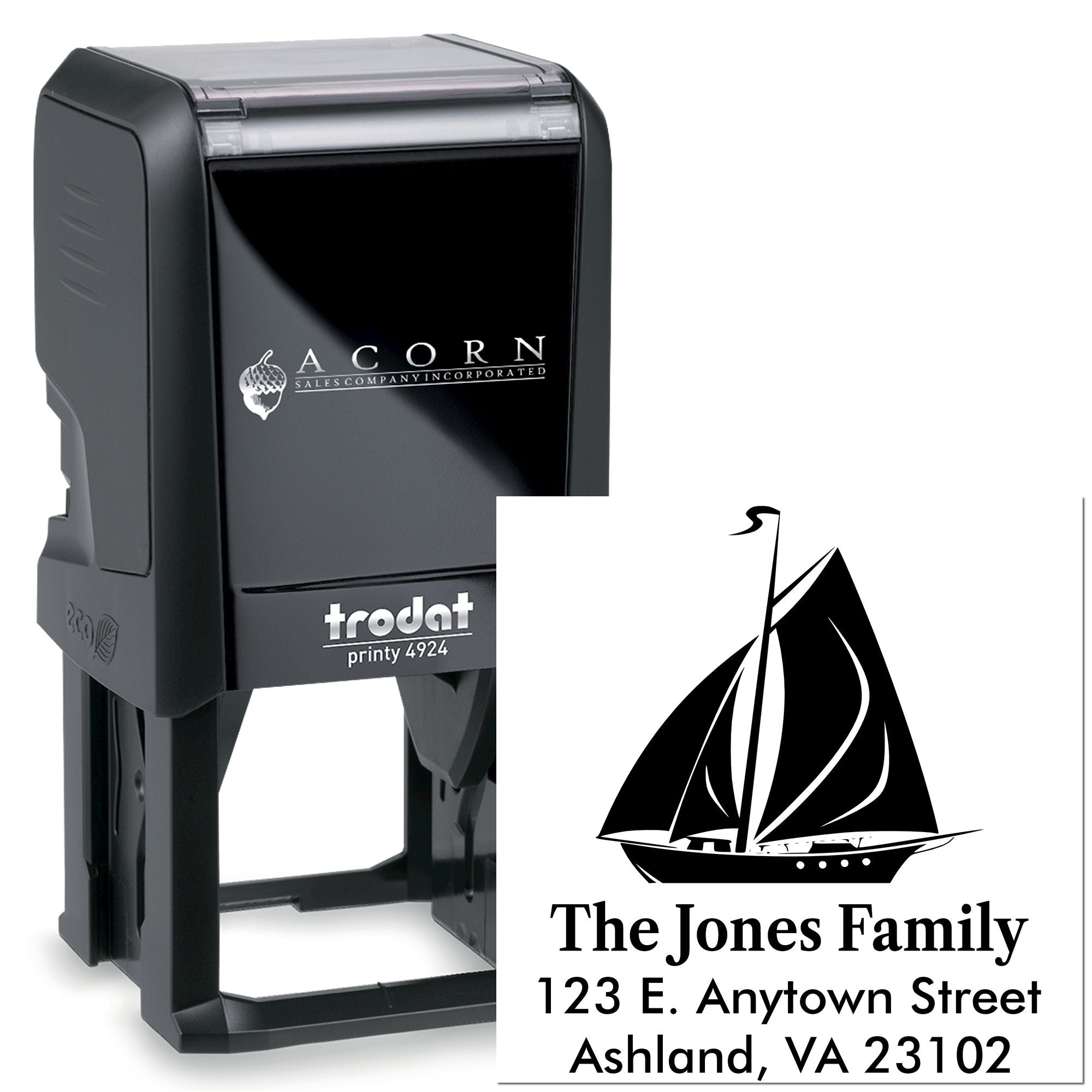 Custom self-inking rubber stamp with sailboat design and family return address for personalized mailing and envelope use.